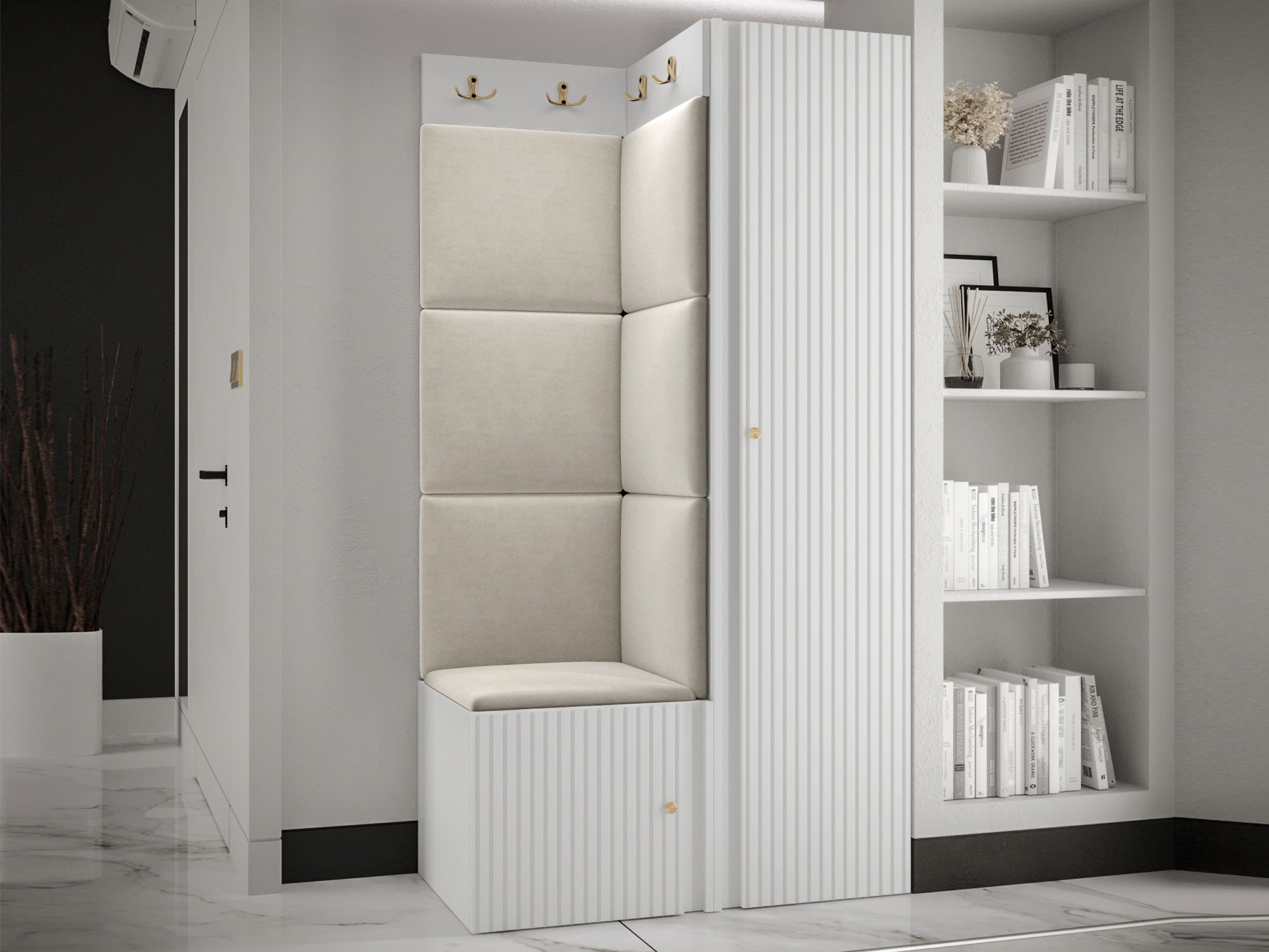 MIRJAN24 Garderoben-Set Orion Ryfel Slim XXV, (Kleiderschrank, Schuhschrank, Kleiderhakenbrett, 7x Paneel 42x42), 6 Kleiderhaken für Kleidung, Metallgriffe