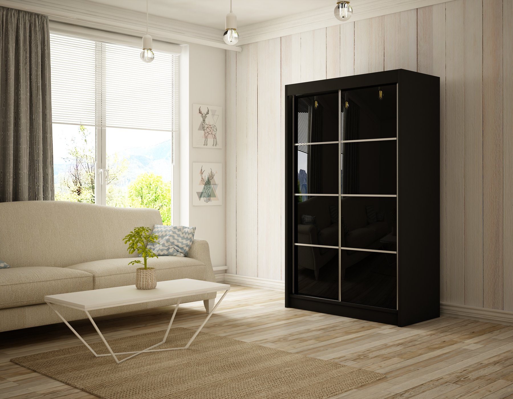 Beautysofa Kleiderschrank Pol III (Weiß / Schwarz) in den Breiten 120, 150 und 200 cm, mit Kleiderstange und Regale Schwarz + schwarzes Hochglanz