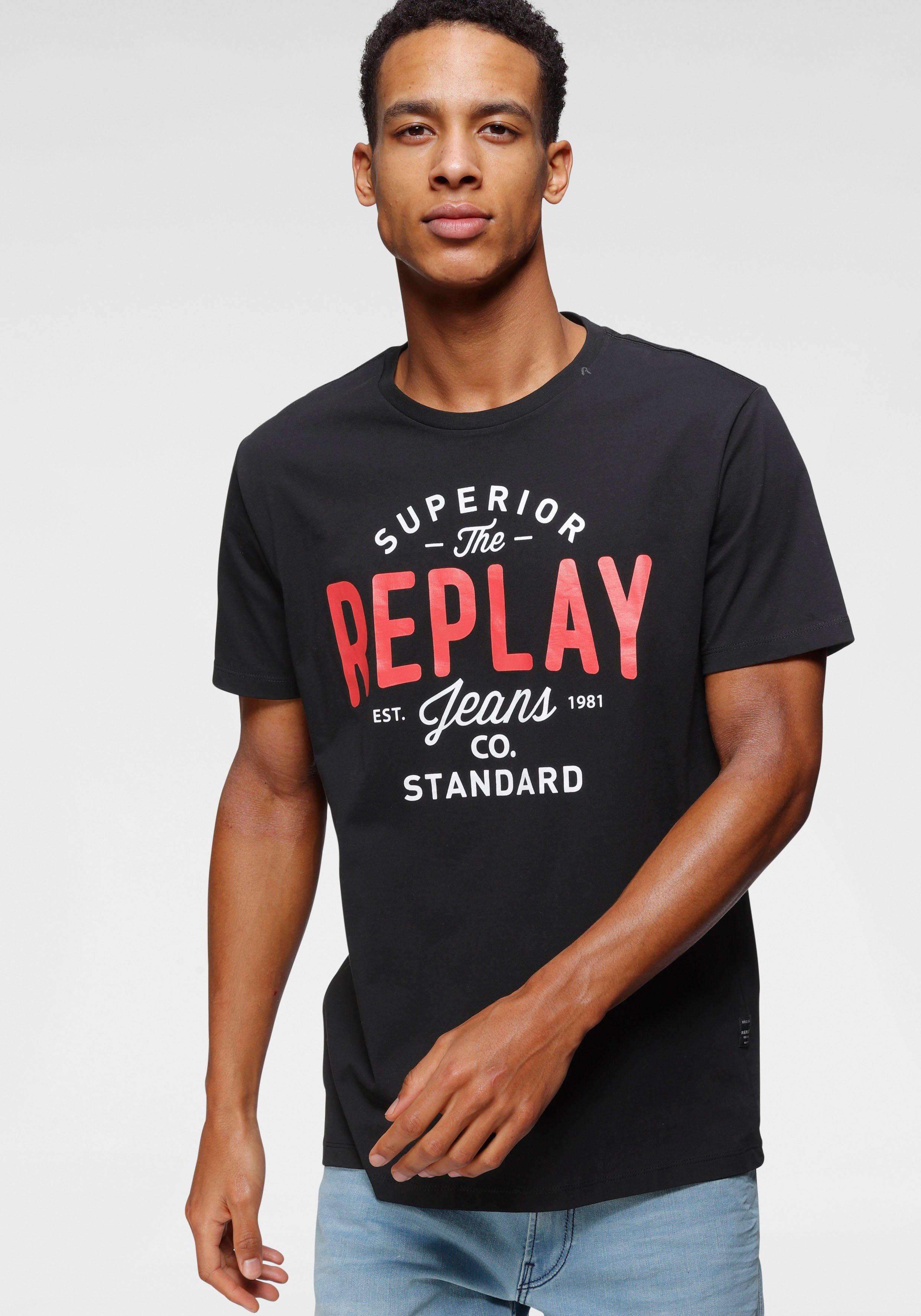 schwarz T-Shirt Markendruck Replay mit
