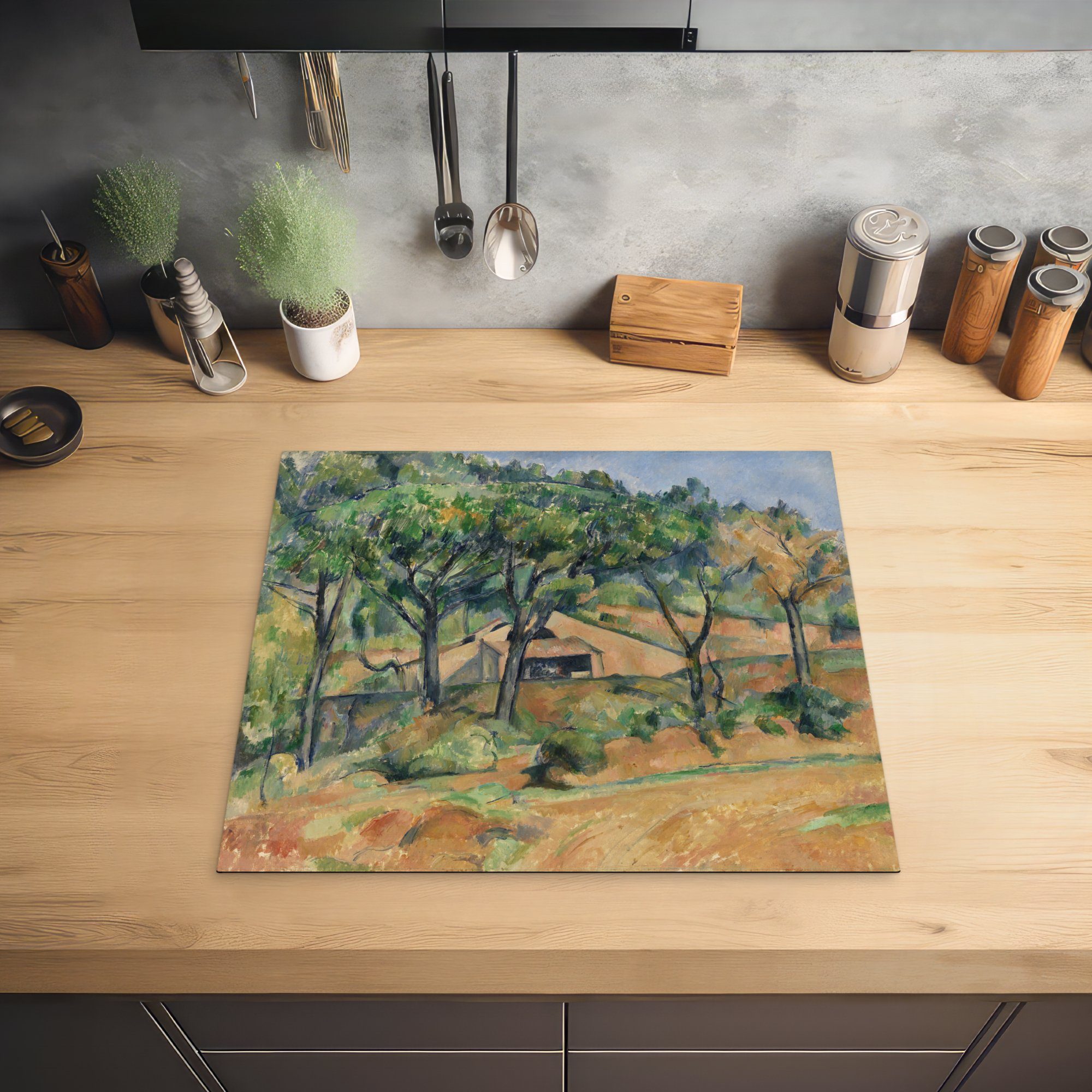 MuchoWow Herdblende-/Abdeckplatte Haus in Arbeitsfläche - Vinyl, Paul Gemälde der cm, 60x52 (1 Mobile tlg), Cézanne, Provence von Ceranfeldabdeckung nutzbar