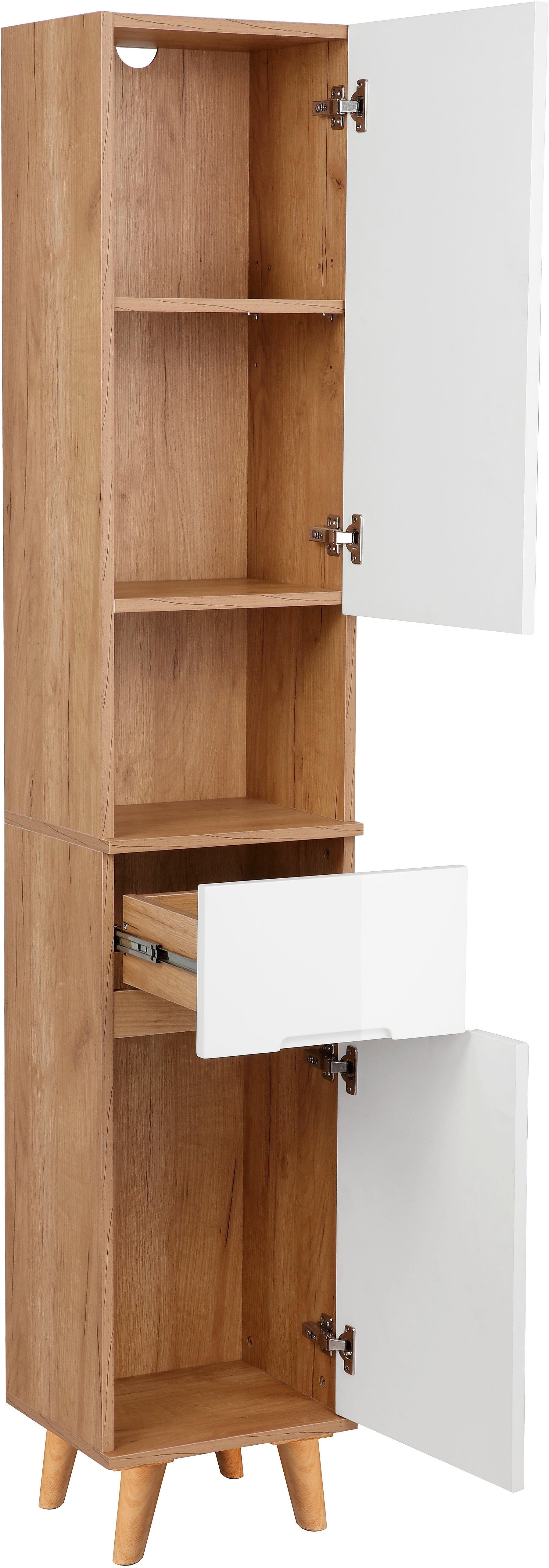 welltime Hochschrank Lund Badschrank skandinavisches Design mit viel Stauraum Badmöbel, 2 Türen und 1 Schublade, Breite 35cm – Bild 5 von 5