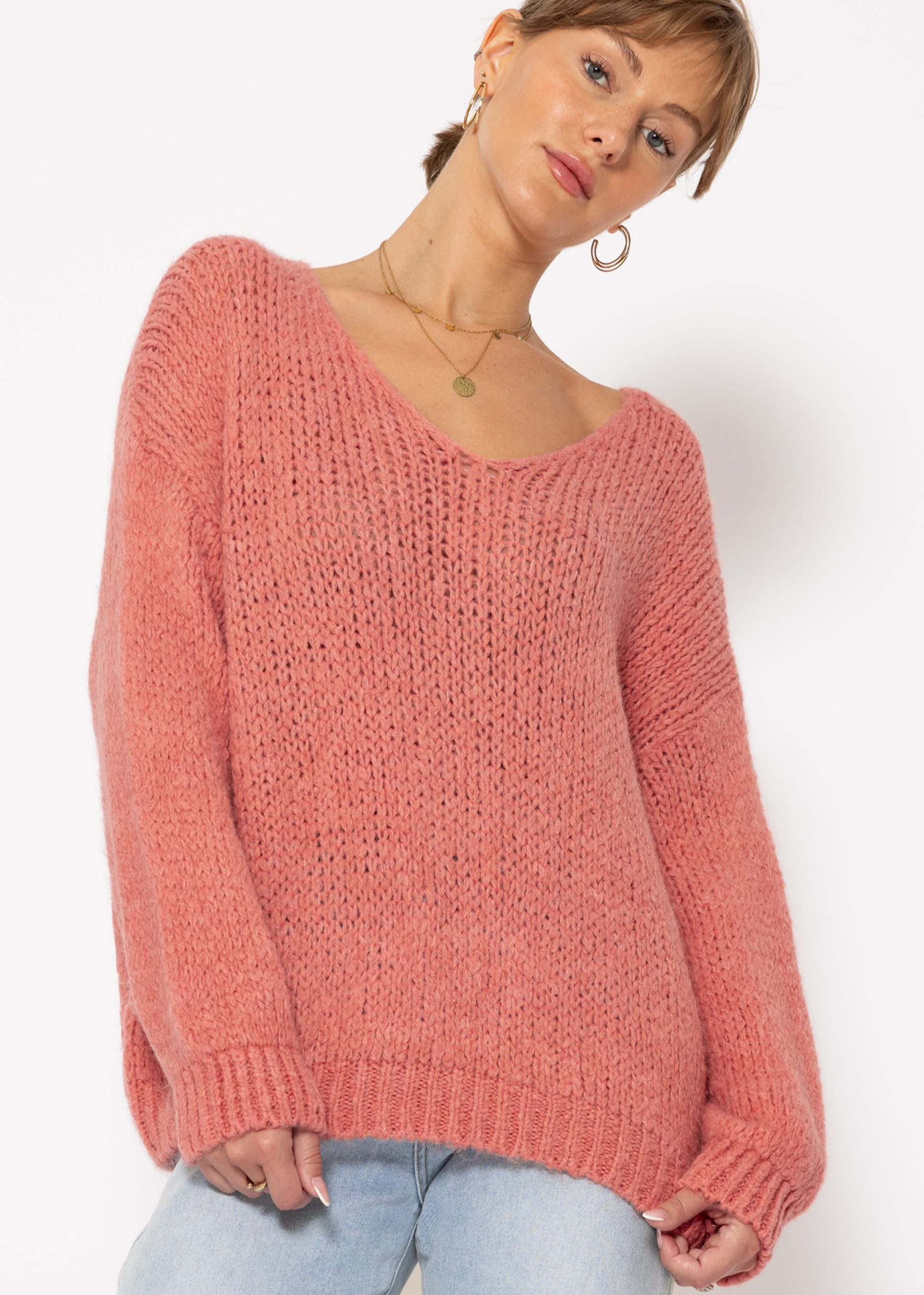 Strickpullover Oversize Pullover Damen mit V-Ausschnitt Elegant