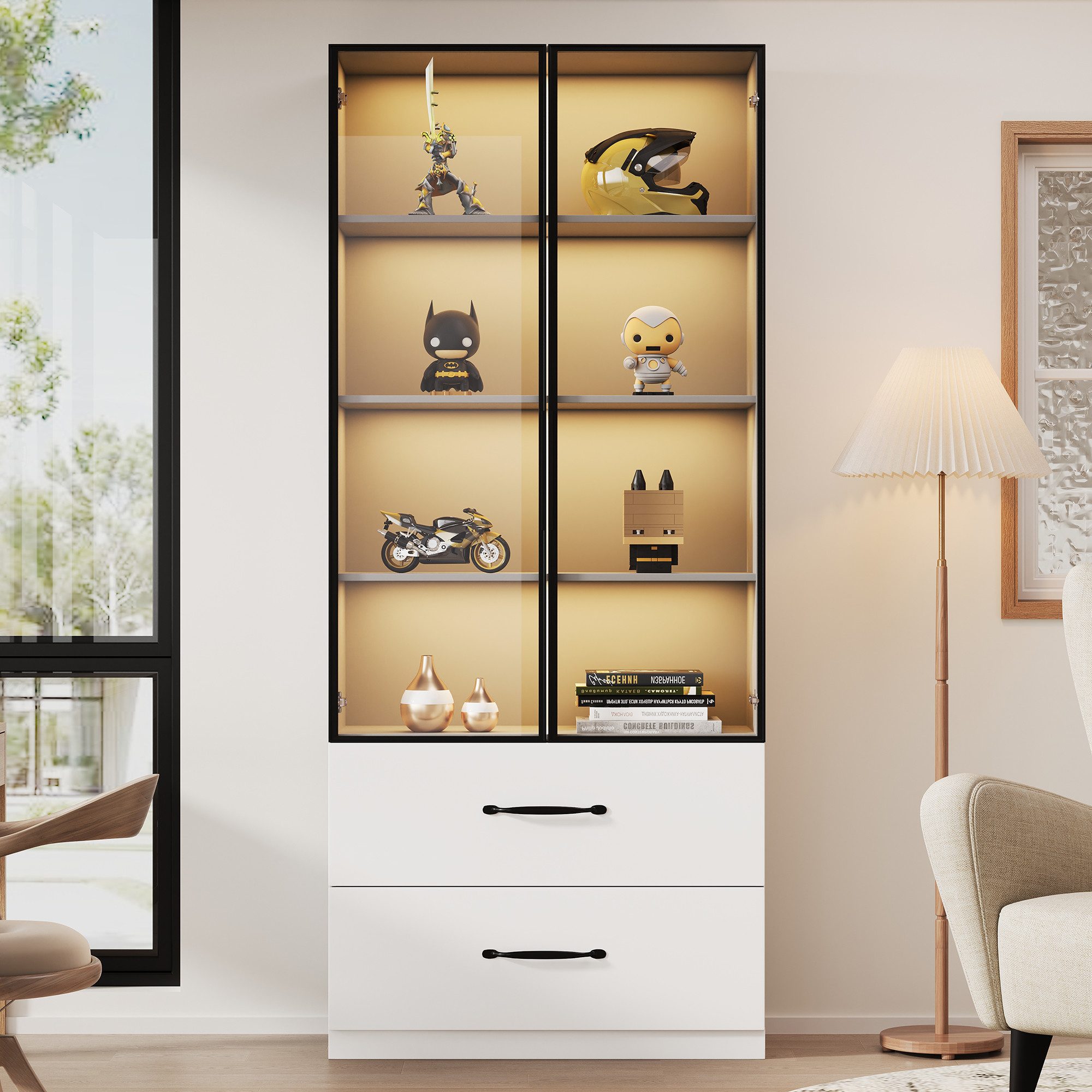Flieks Vitrine Glasvitrine mit LED-Beleuchtung, glastüren und Schubladen (Maße: B60/T40/H160 cm, 1-St., Schrank für Wohnzimmer, Schlafzimmer, Arbeitszimmer und Büro) Hochschrank Bücherregal Standvitrine Mehrzweckschrank Weiß