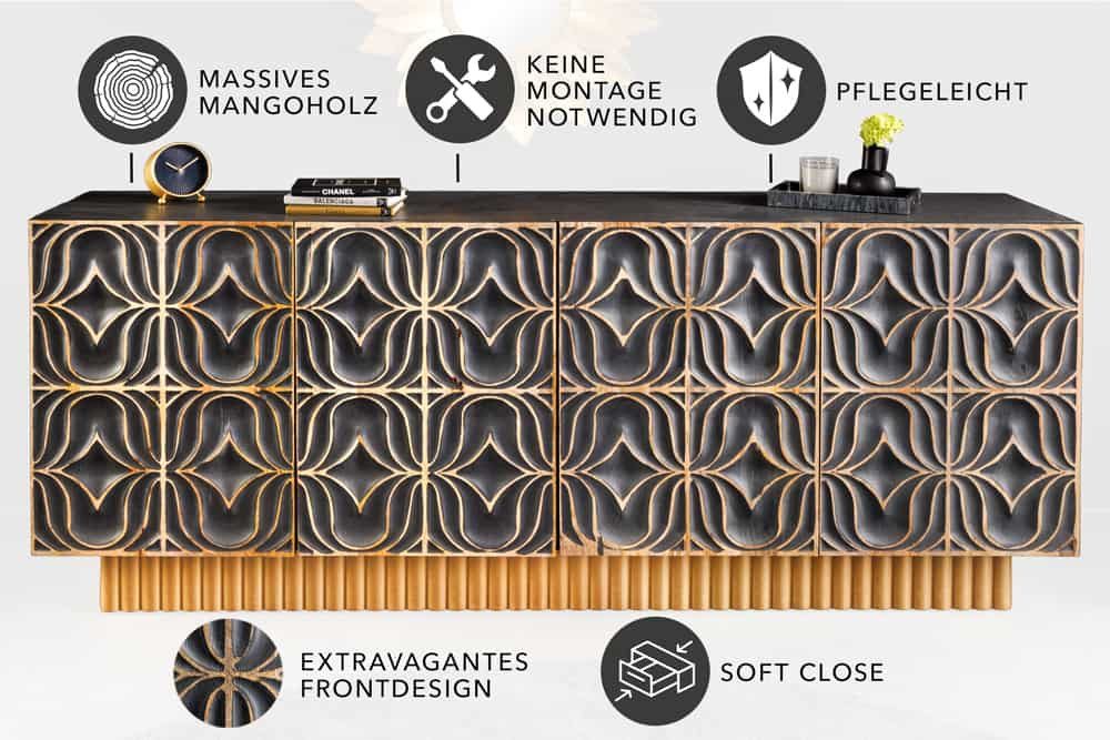 riess-ambiente Sideboard PIAZZA SAN MARCO 180cm grau / gold (Einzelartikel, 1 St), Mango-Massivholz · mit Stauraum · 3D Design · handmade · Wohnzimmer – Bild 4 von 5