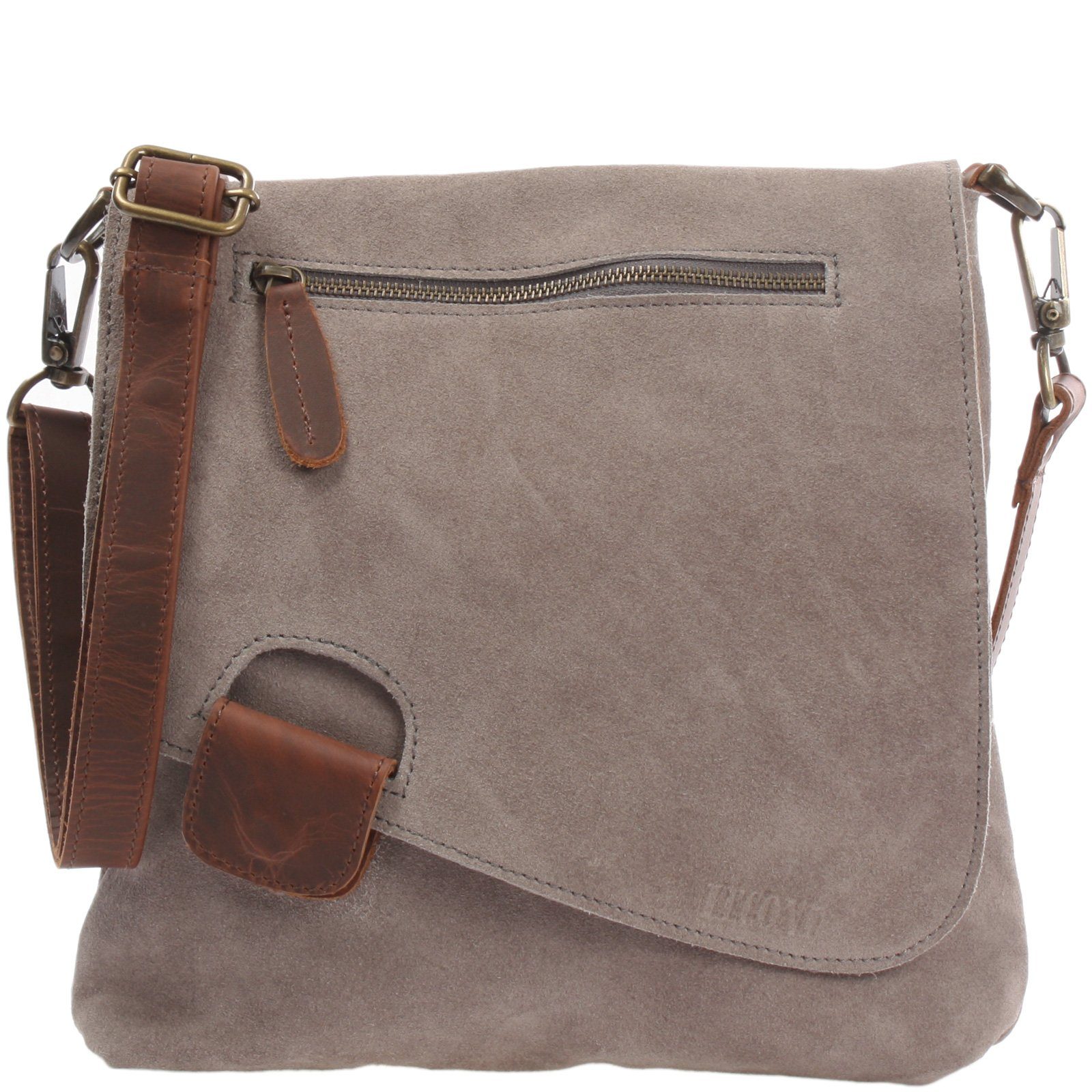 LECONI Umhängetasche Handtasche Ledertasche Damen Schultertasche Echt Wild-Leder LE3027, Überschlag & Reißverschluss – viele Fächer & Farben – 29 × 29 × 6 cm
