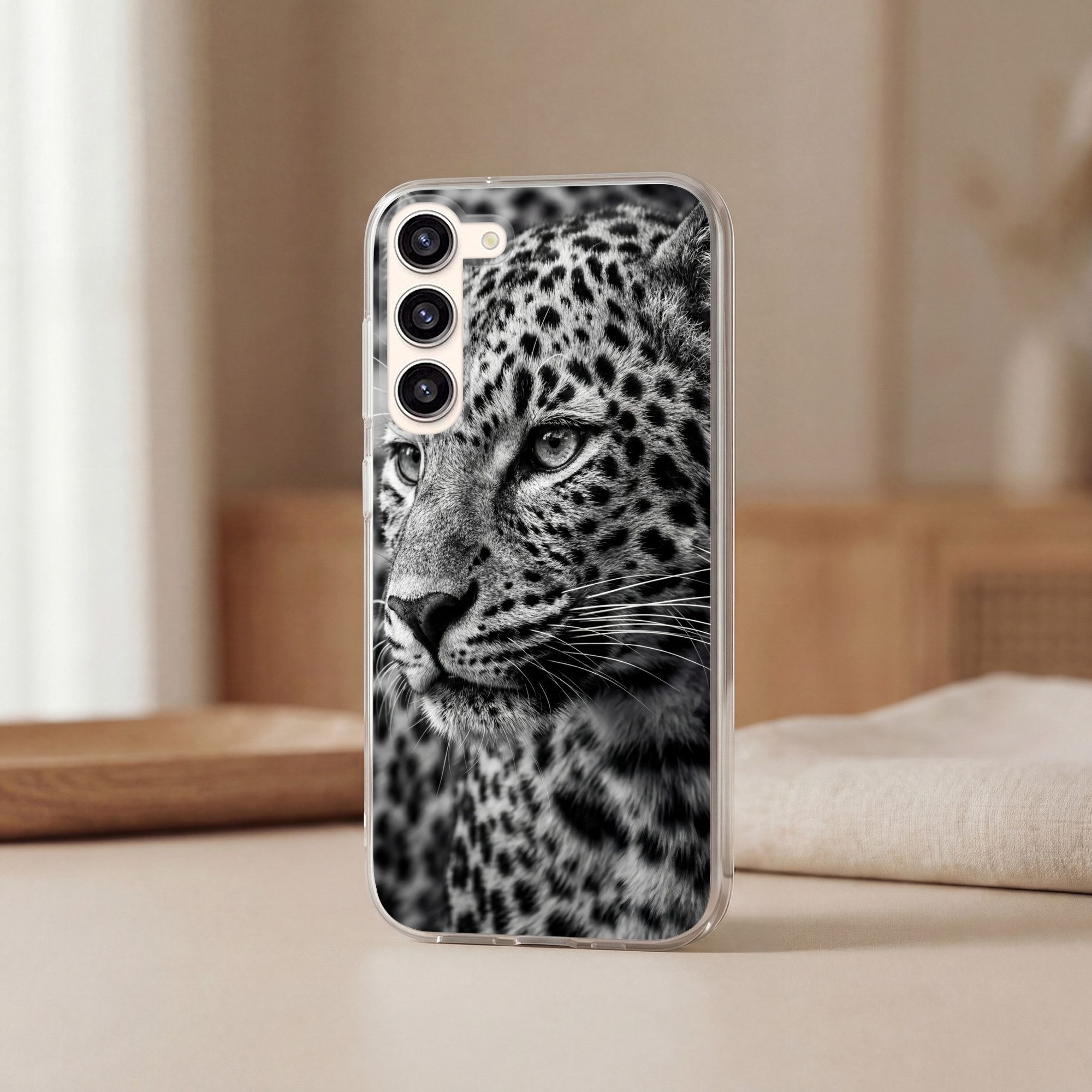 MuchoWow Handyhülle für Samsung Galaxy S23 Plus Leopard - Schwarz - Weiß - Auge, Phone Case, Silikon, Schutzhülle Dünn