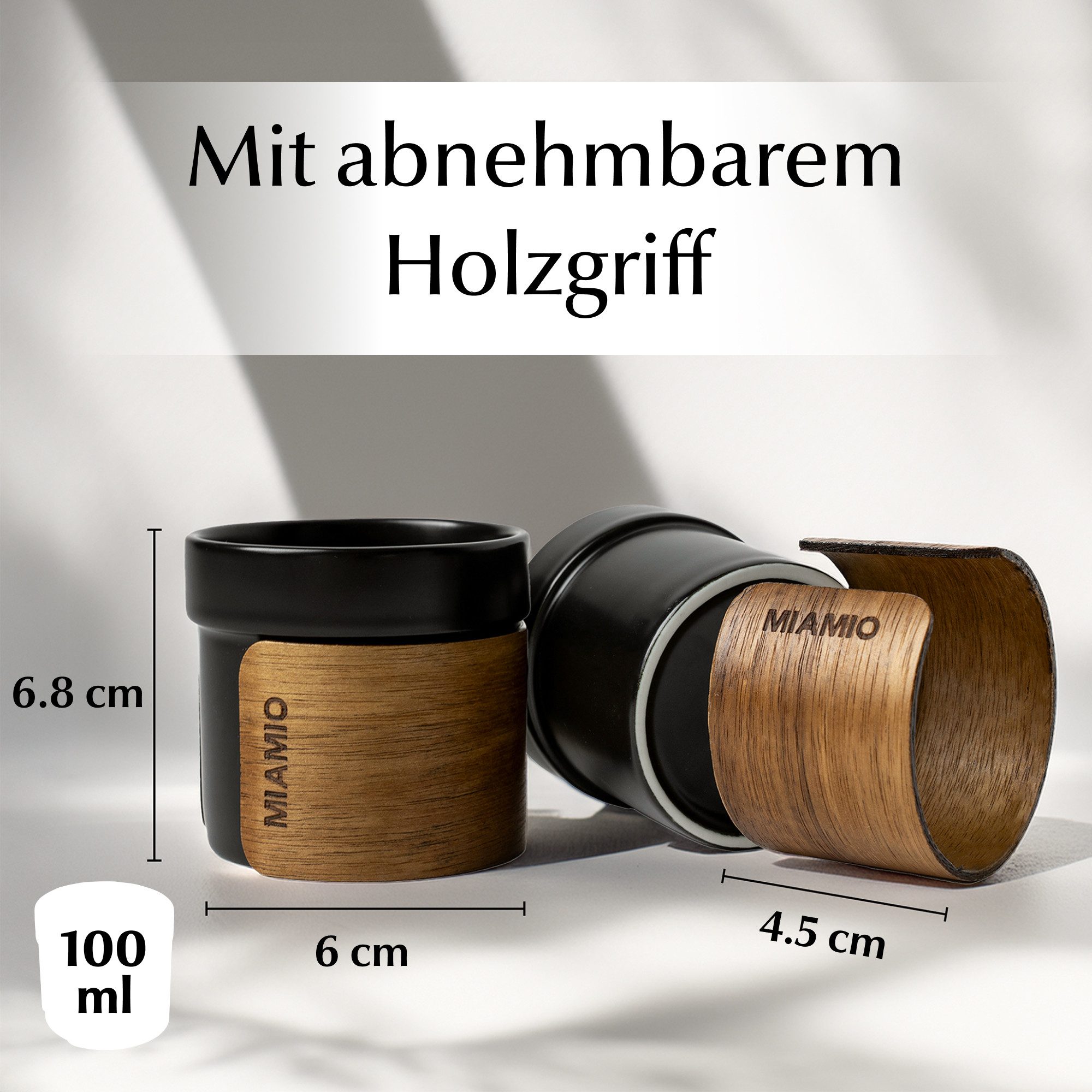 MiaMio Espressotasse ohne Henkel mit Holzmanschette, 100 ml, Schwarz, 4-tlg., Keramik – Bild 4 von 5