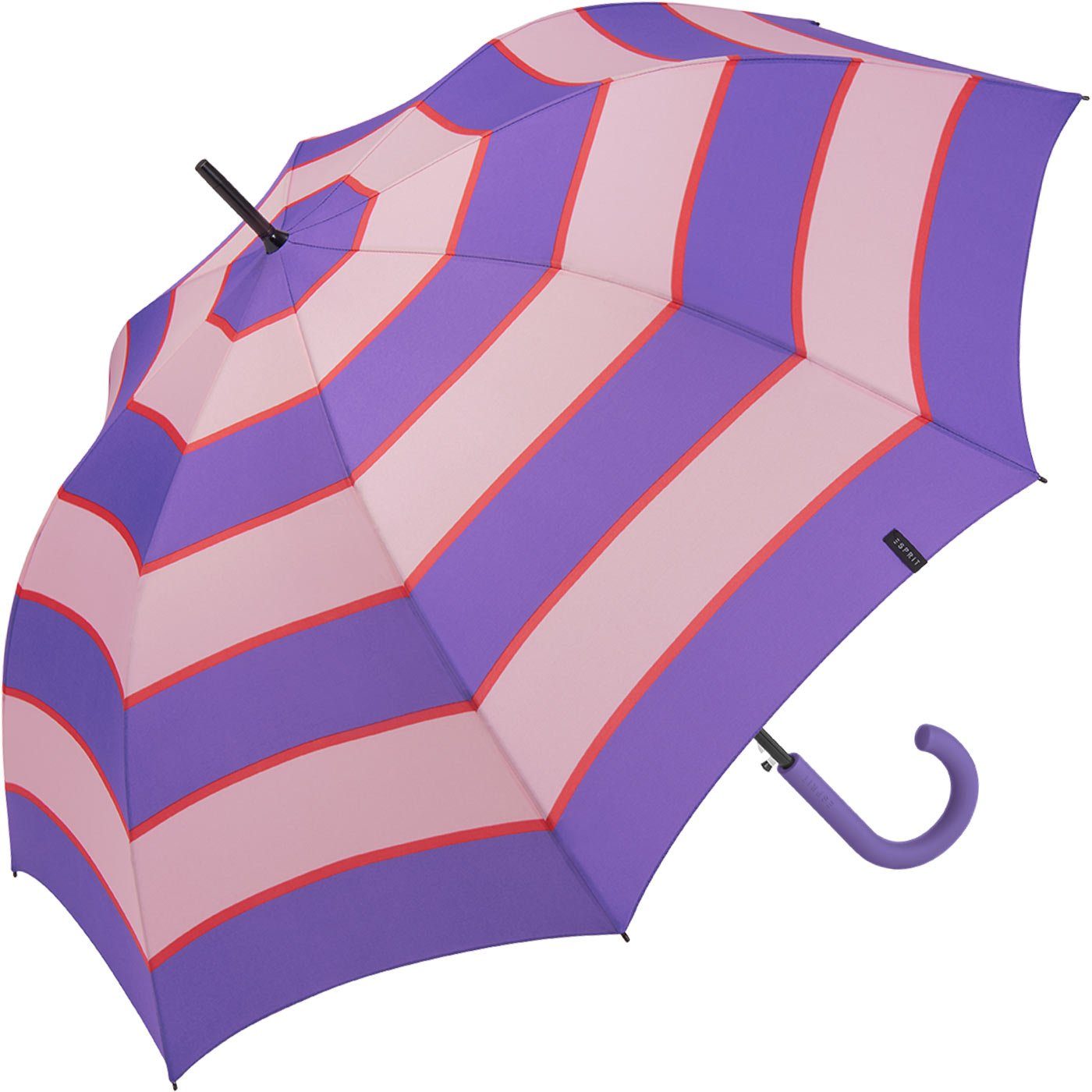 Esprit Langregenschirm Damen stabil, Streifen-Muster Collegiate Auf-Automatik Stripe lila-altrosa deeplavender, mit groß