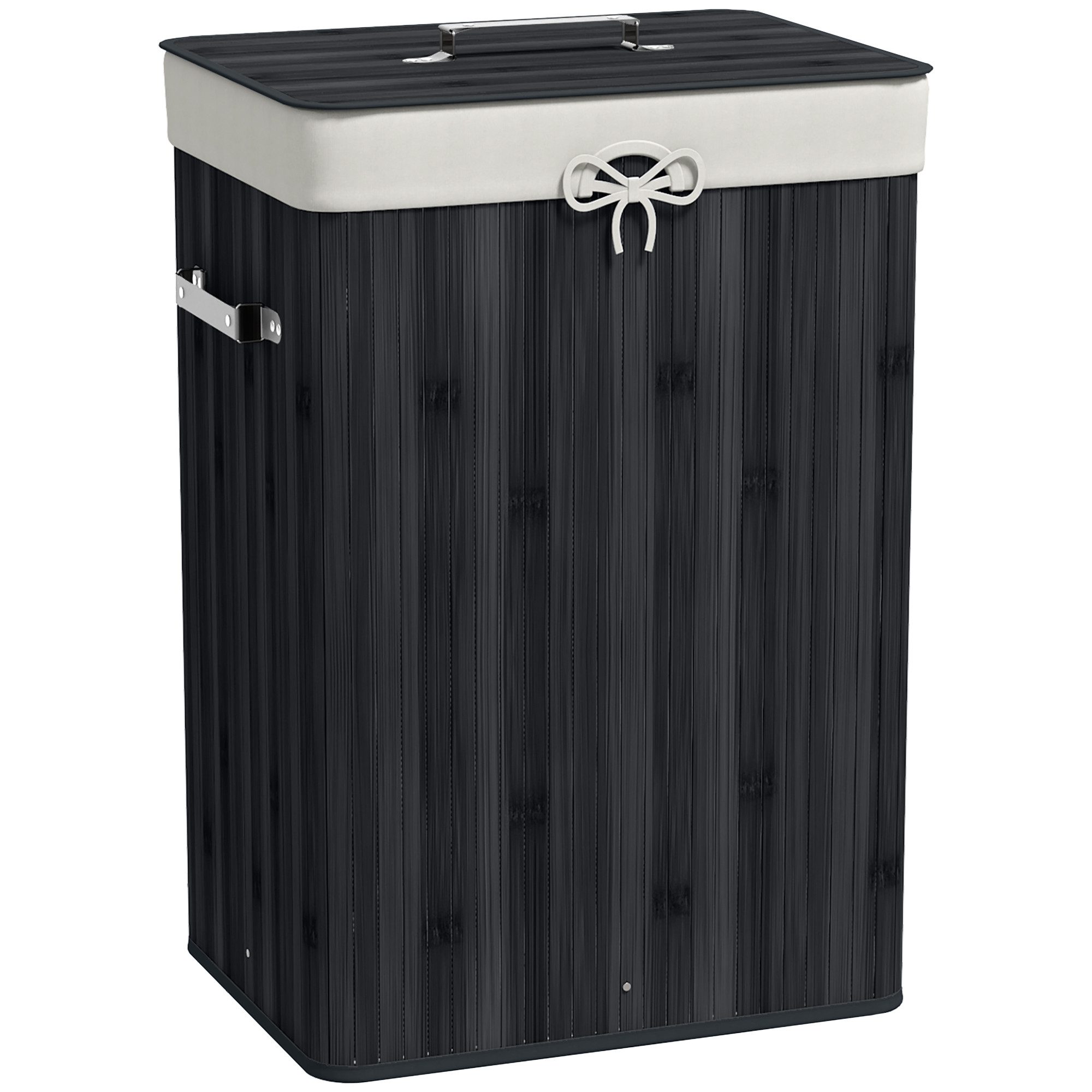HOMCOM Wäschekorb schmal Wäschesammler mit Griff, für Schlafzimmer & Bad, Schwarz (Set, 1 St., Wäschekorb mit Wäschesack), 72L, Bambus, herausnehmbarer Wäschesa – Bild 2 von 5