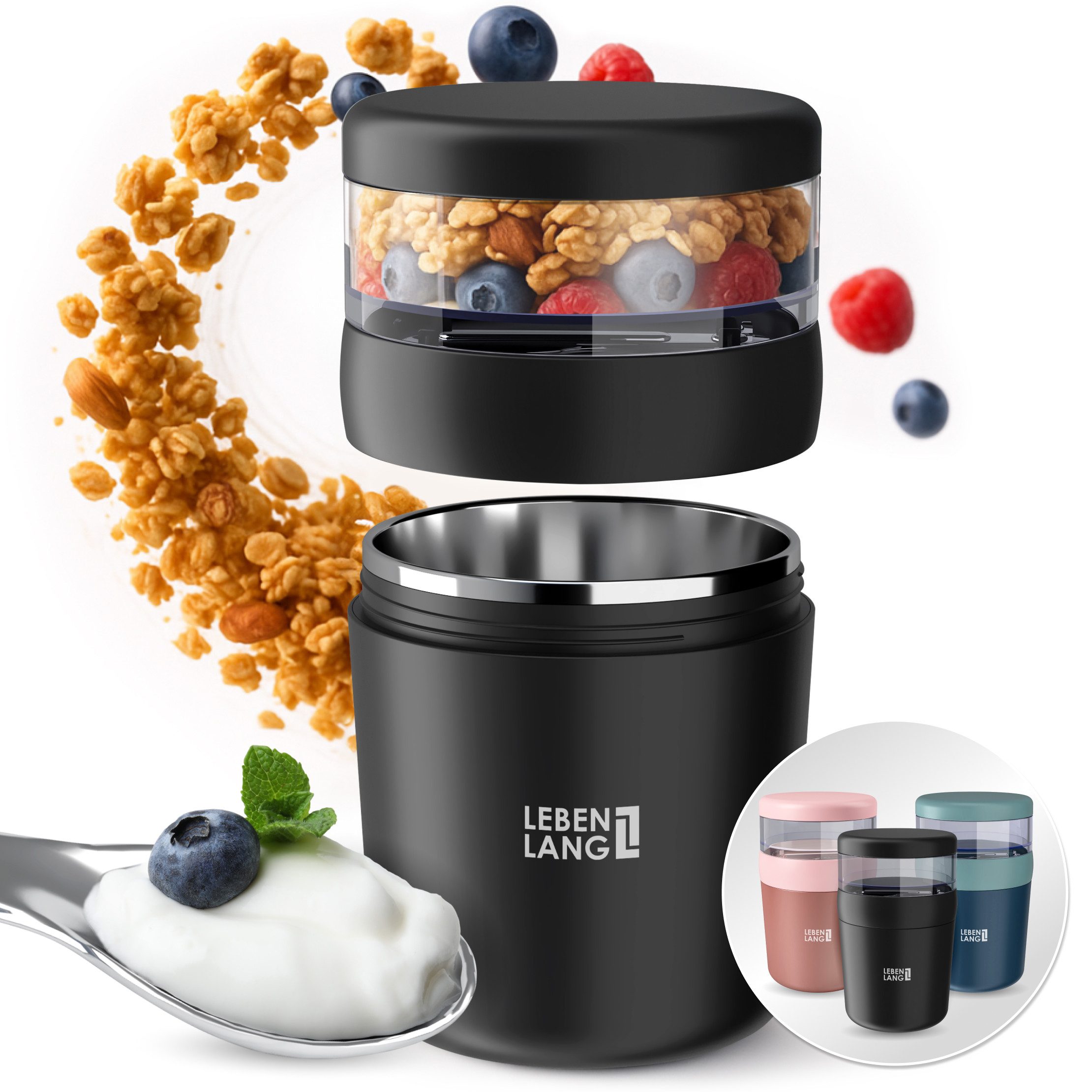 Lebenlang Aufbewahrungsbecher Müslibecher, Isolierende Edelstahlinnenwand, ToGo mit Löffel & 650ml, Edelstahl/Kunststoff, (500ml Becher, 150ml Aufsatz, Drehvershluss, faltbarer Löffel), Auslaufsicher & Perfekt für Schule, Kita, Büro oder Uni