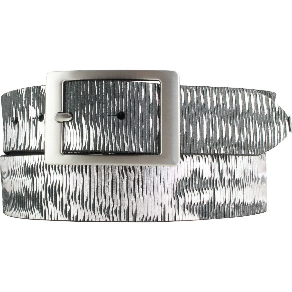 BELTINGER Ledergürtel Herren-Gürtel aus Vollrindleder Metall-Optik mit Doppel-Schließe 4 cm Schwarz Metallik, Silber