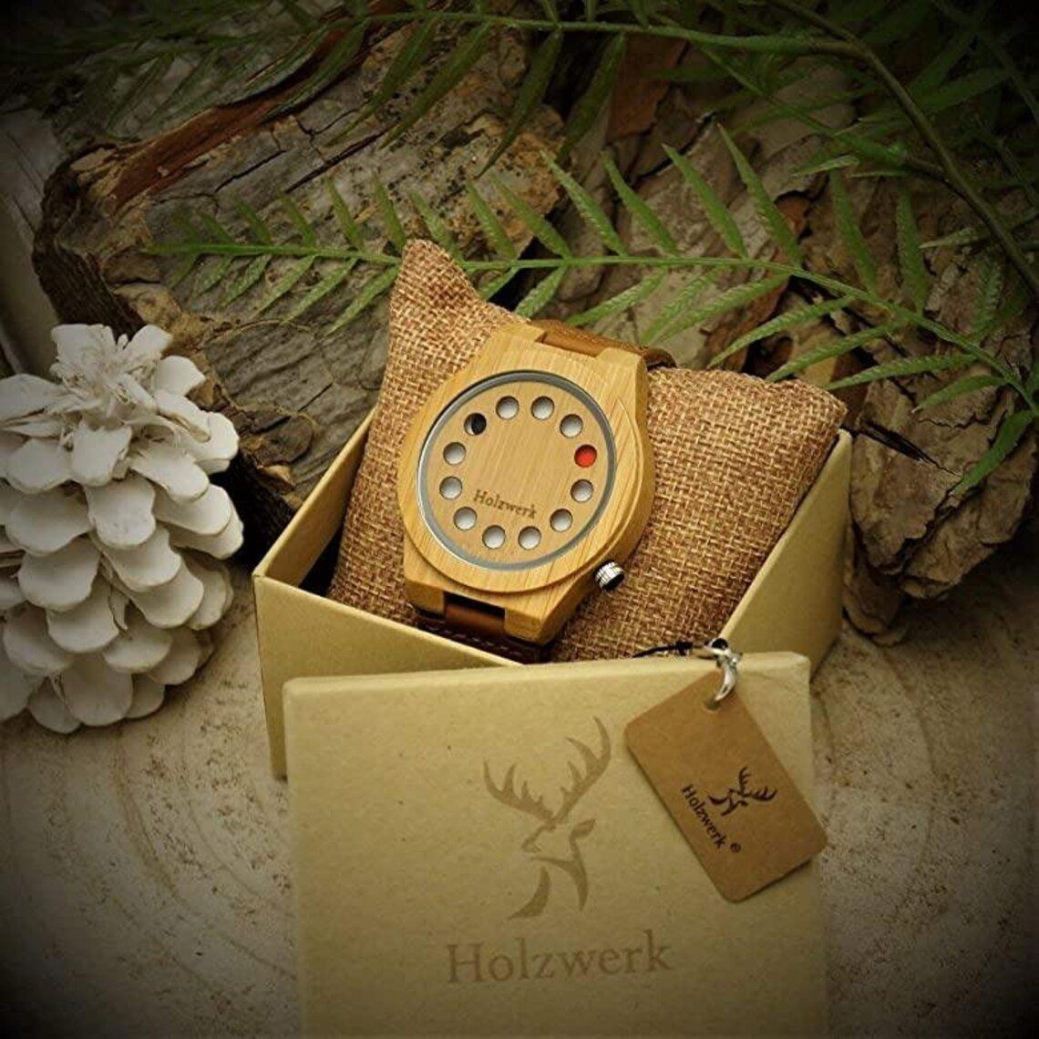 Herren in Holzwerk ESCHWEGE Quarzuhr und beige Holz Armband Leder mit Uhr Damen