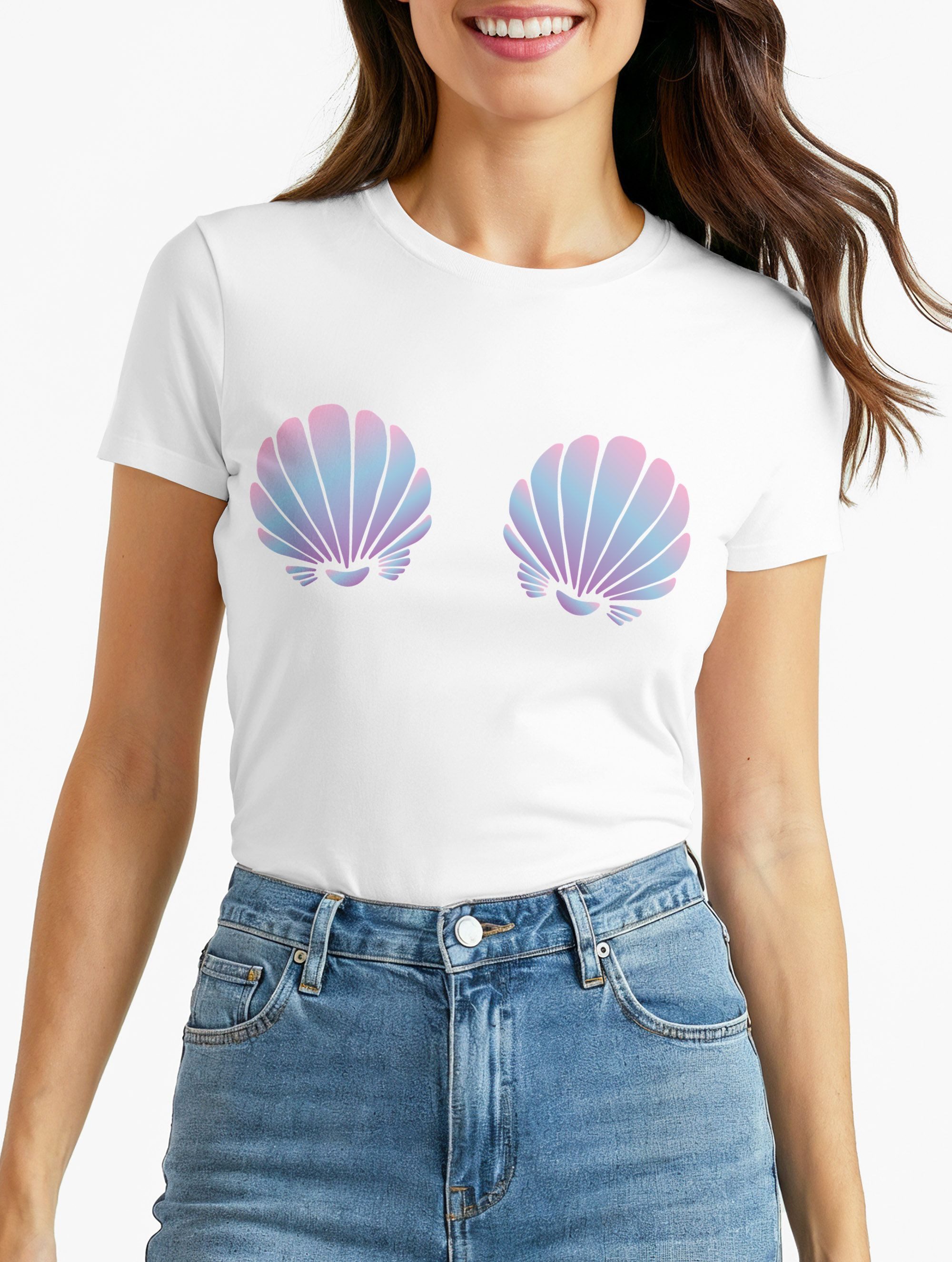 MoonWorks Print-Shirt Damen T-Shirt Meerjungfrau Muschel BH Fasching Karnev günstig online kaufen