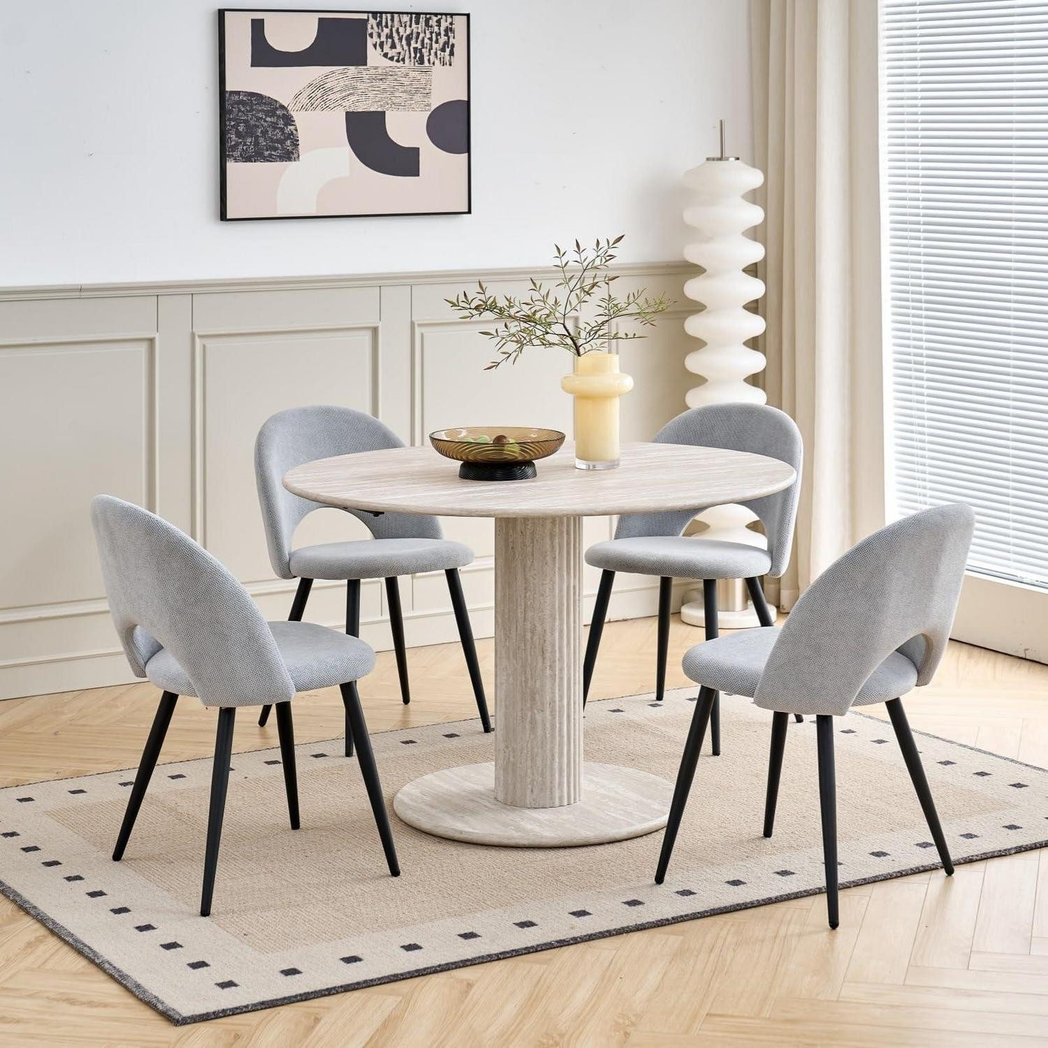 LuxusKollektion Essgruppe Esszimmergarnitur Runder Esstisch 115cm 4 Stühle Stoff Grau Grau, Esstisch mit Stühlen