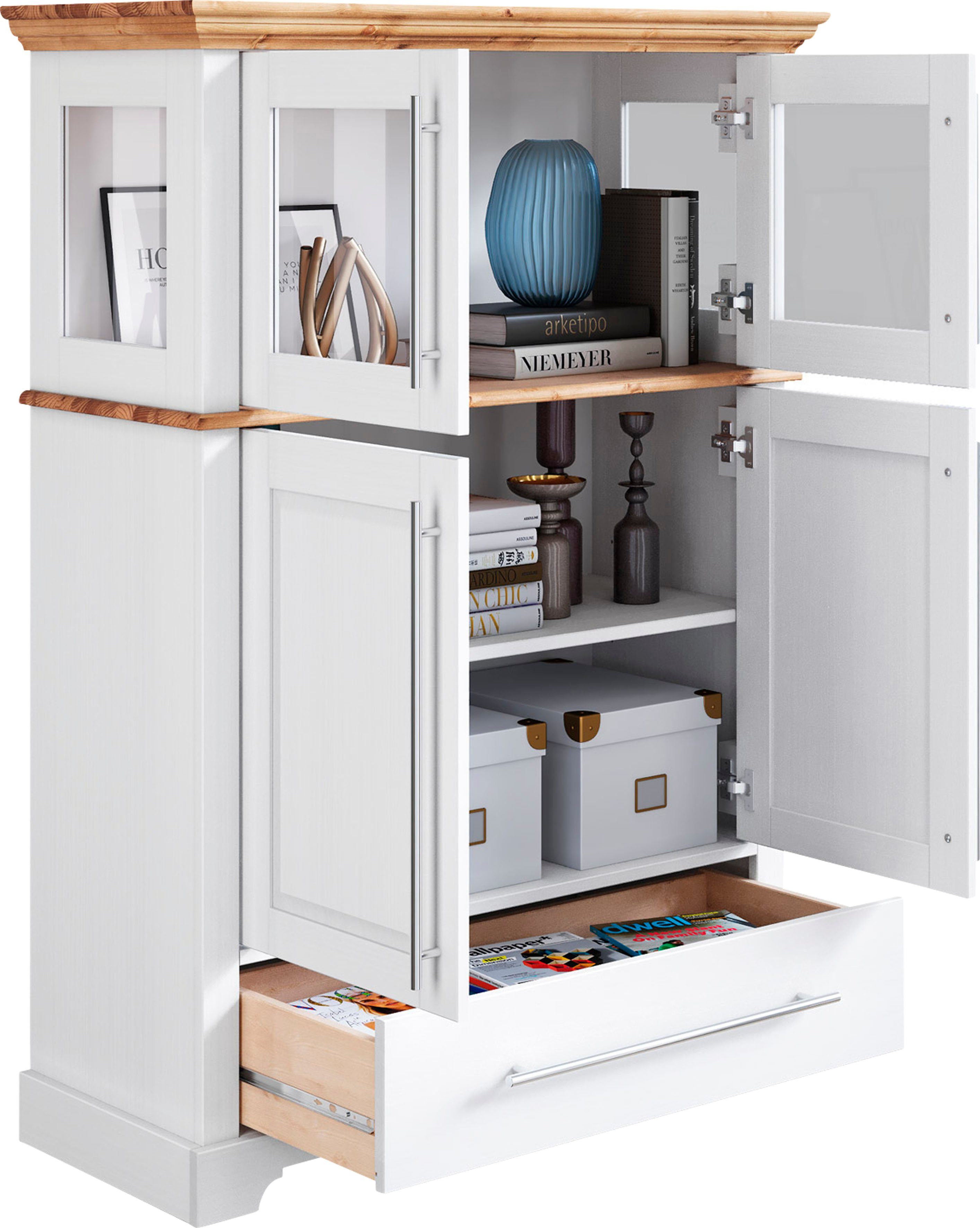 OTTO home Highboard Melissa Vitrine Breite/Höhe/Tiefe 94/39/133 cm, Breite 94 cm, 4-türig, mit Schublade, Kiefer massiv, FSC® – Bild 5 von 5