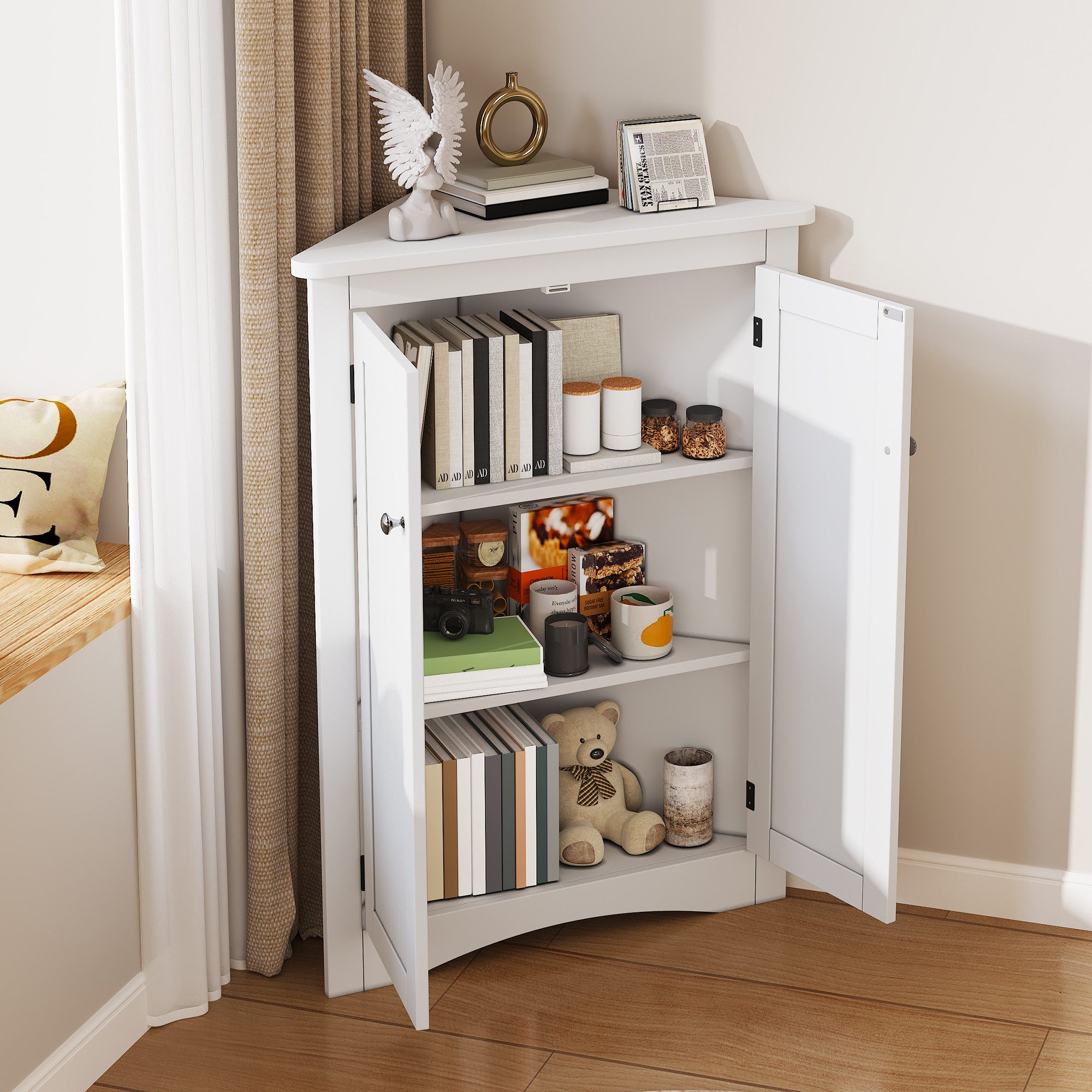 Odikalo Eckschrank Lowboard Badkommode Schließfächer mit Stauraum (Eck-Schrank für Badezimmer–Freistehender 2-türiger Dreiecks-Schrank mit 3 Ebenen hochwertige MDF-Platte mit lackierter Oberfläche platzsparend für Bad Küche Wohnzimmer (61,5 x 80 cm)