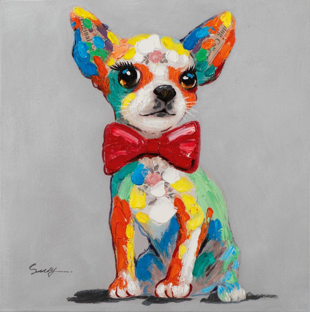 ArtUniverse Gemälde Leinwandbild Bunter Chihuahua mit Fliege 50 x 50 cm, Tiermotiv
