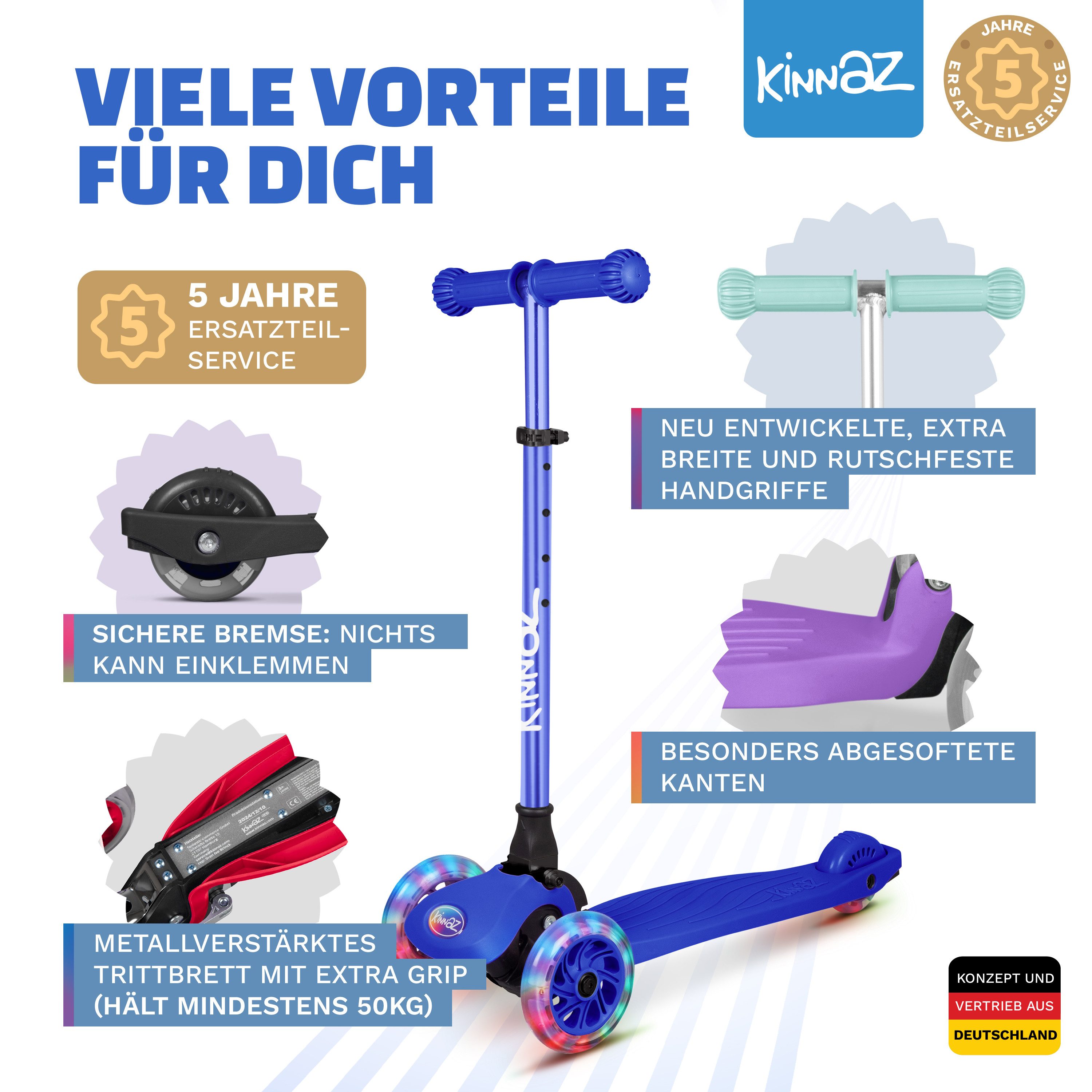 KINNAZ Dreiradscooter ab 2 Jahre LED, faltbar, Höhe flexibel, Kinderoller, Scooter, Roller, (Kinderroller, kinnaz ONE), Händler aus Hamburg – Bild 5 von 5