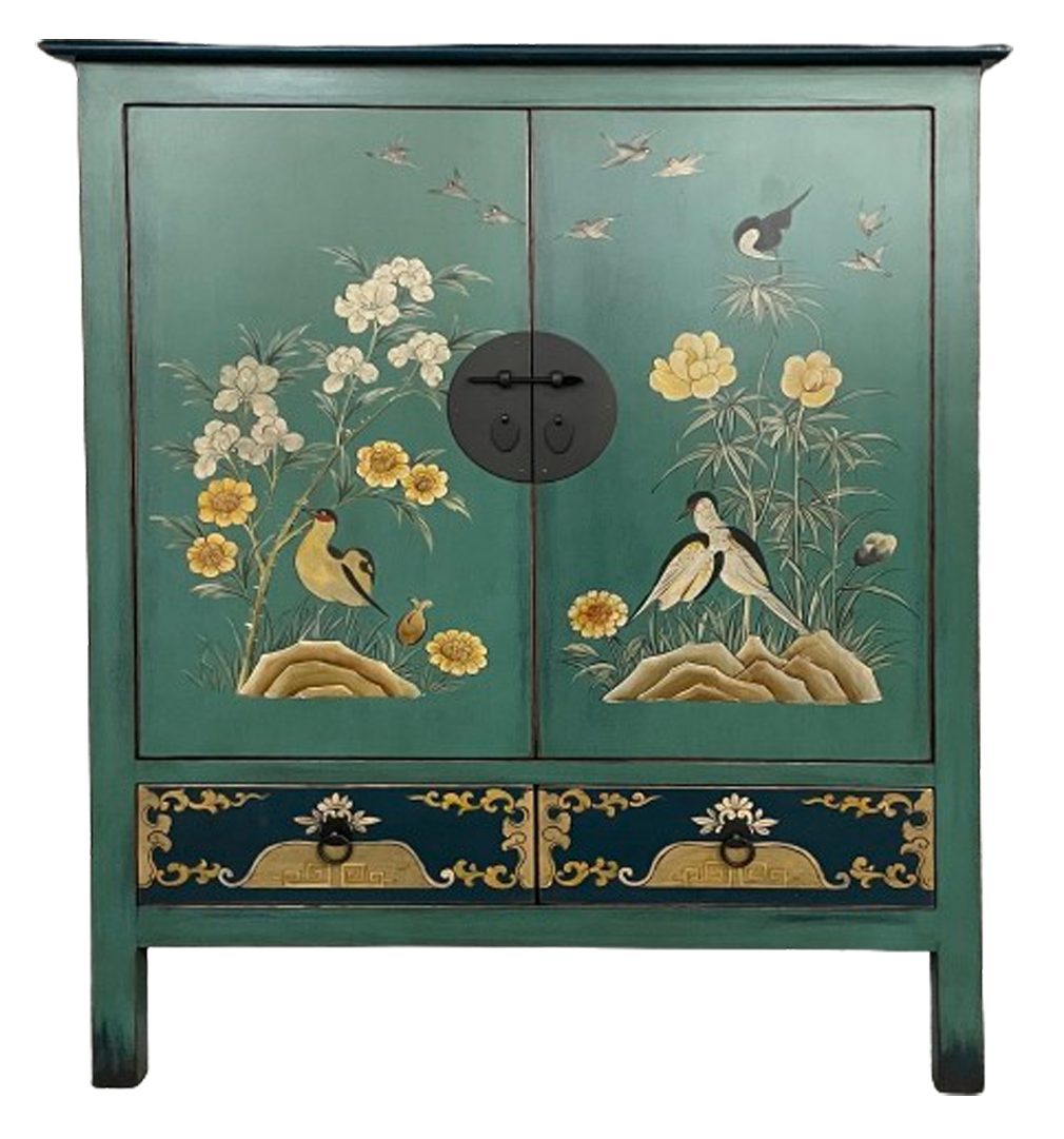 OPIUM OUTLET Kommode Sideboard Schrank Möbel Vintage-Stil handbemalt (grün-blau), chinesisch, asiatisch, orientalisch, komplett montiert, Anrichte, Buffet