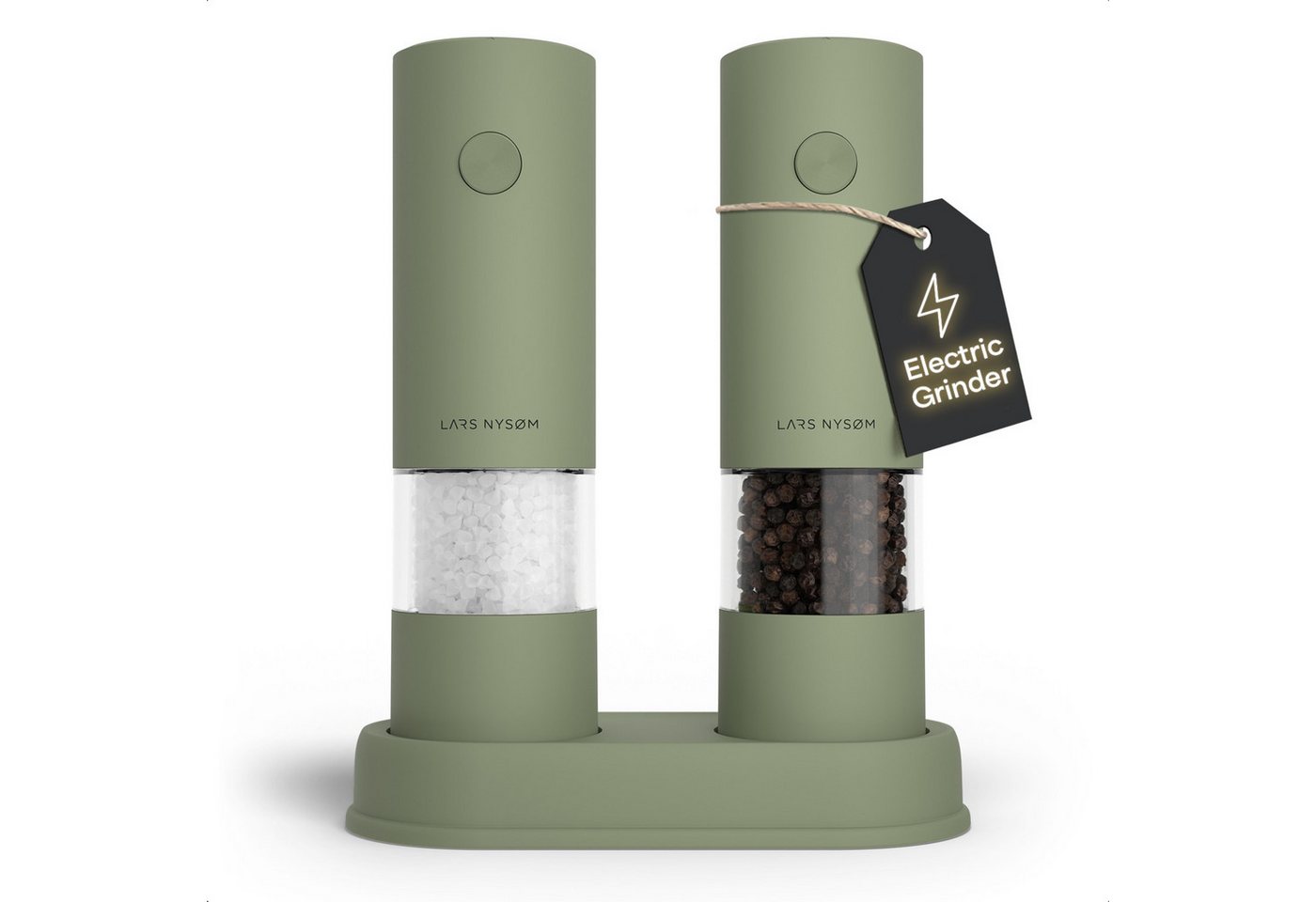 LARS NYSØM Gewürzmühle Kryd praktische Einhandbedienung per Drucktaste, (2 Stück), elektrische Salz- & Pfeffermühle mit Ständer