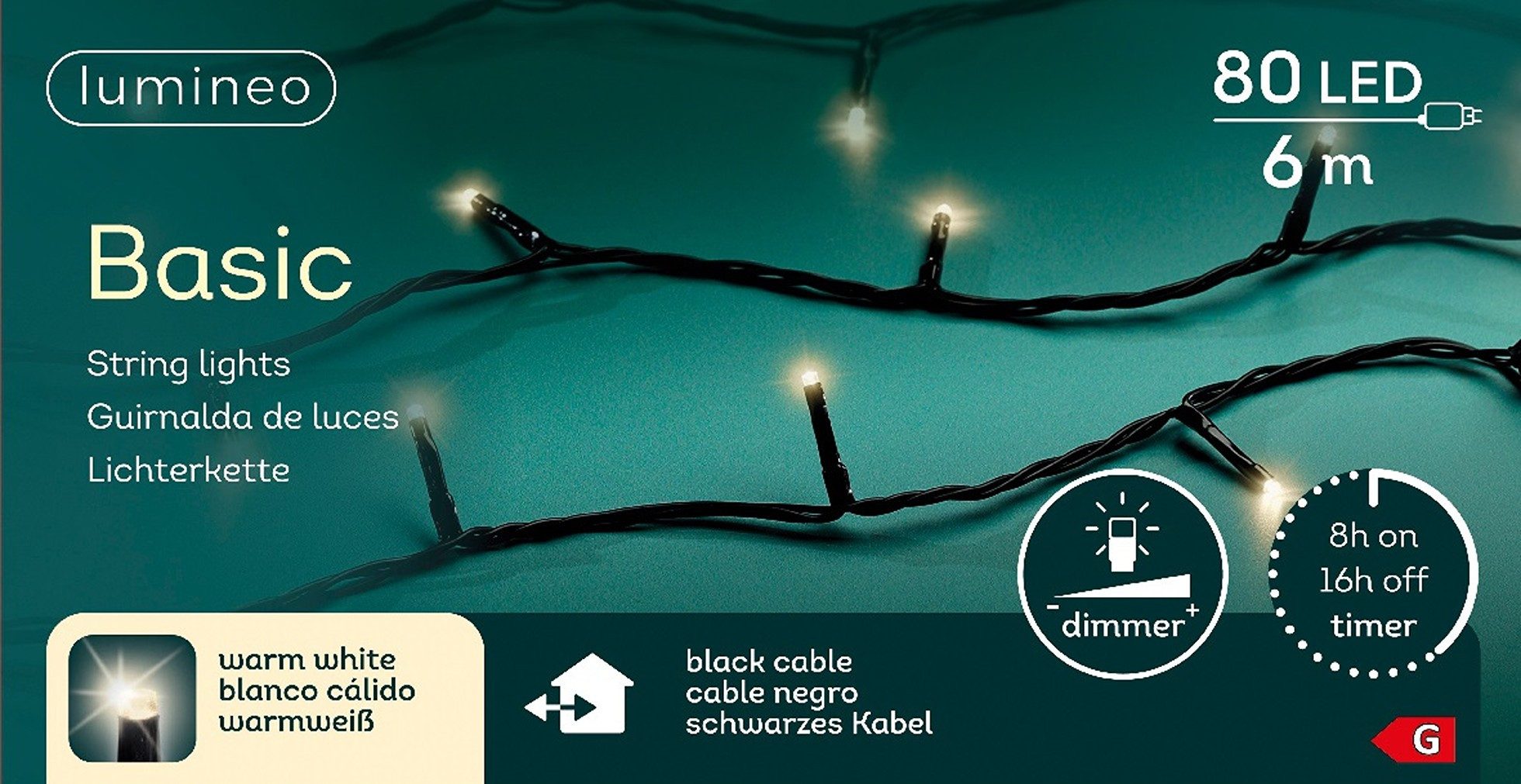 Lumineo LED-Lichterkette Lumineo Lichterkette BASIC 80 LED 6 m warm weiß, schwarzes Kabel, Indoor/Outdoor, dimmbar, 8h-Timer, + 5 m Zuleitung