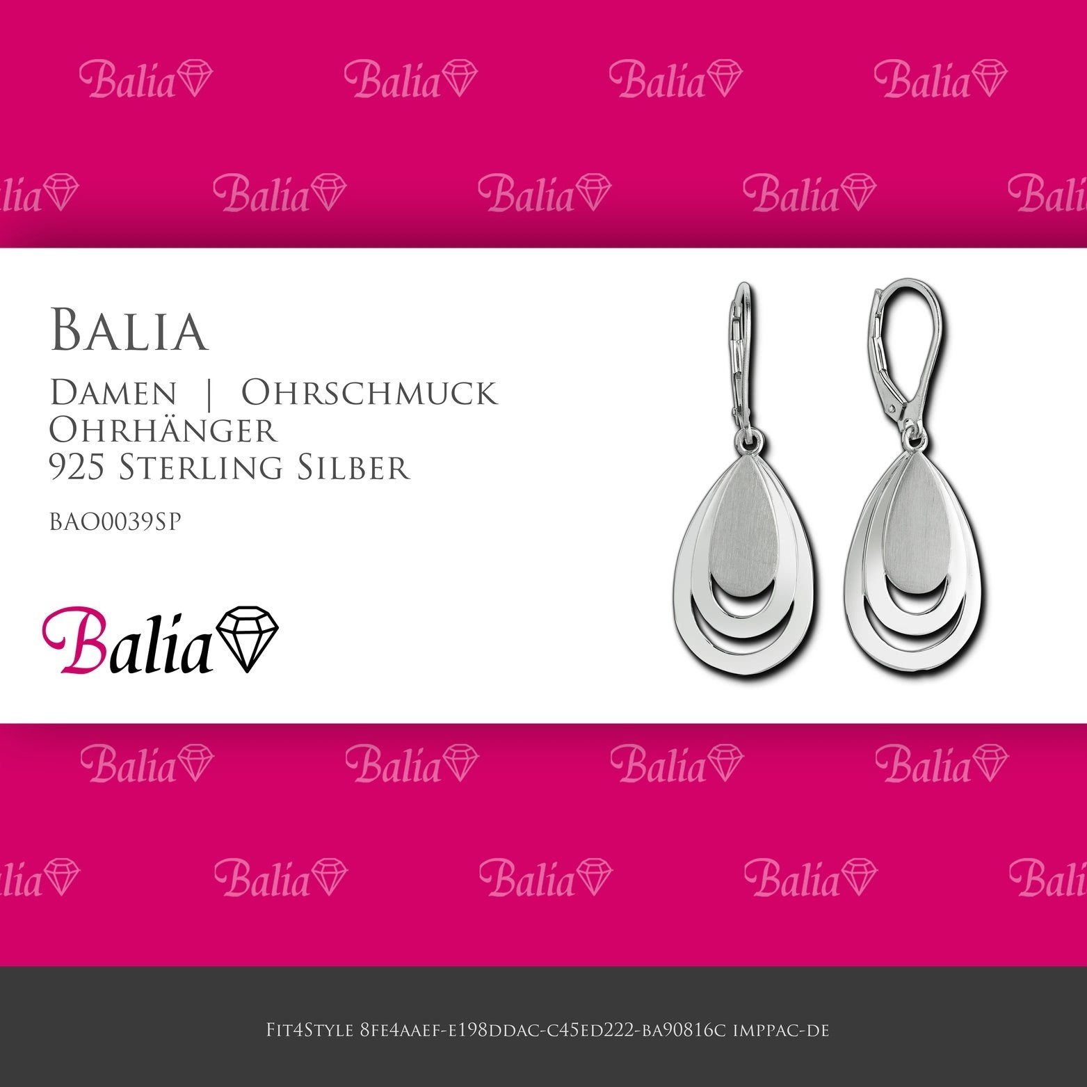 Balia Paar Ohrhänger Sterling Ohrhänger aus Silber, ca. 925 Länge Balia (Ohrhänger), 4cm matt Tropfen poliert Damen Damen Ohrringe