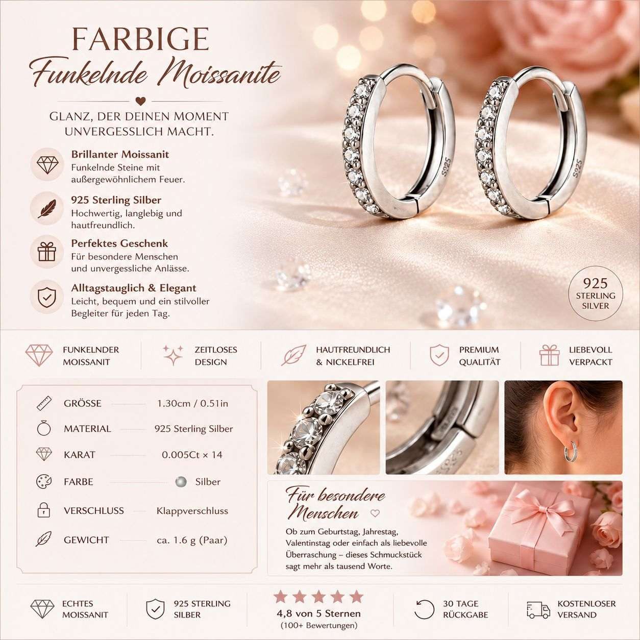 Taffstyle Paar Creolen 925 Sterling Silber kleine Damen Ohrringe Creolen mit Kristallen (Stylische kleine Creolen aus echtem 925 Silber und Kristallen – zeitlos und strahlend schön)