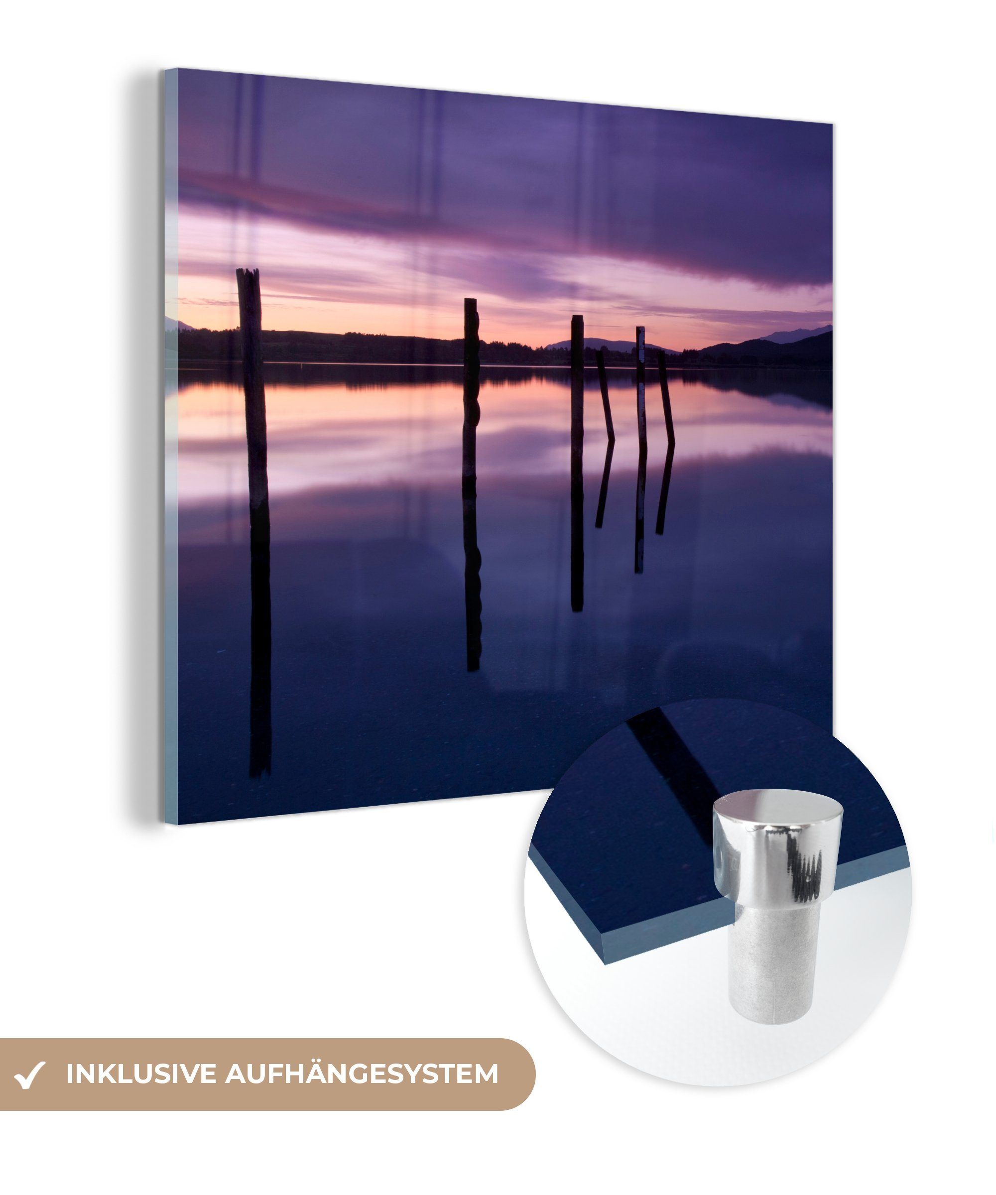 St), Foto - Wanddekoration in - dem MuchoWow Anaum - Te auf Bilder auf Lila Wandbild Glas Neuseeland, Glas Sonnenuntergang Glasbilder über Lake Acrylglasbild (1