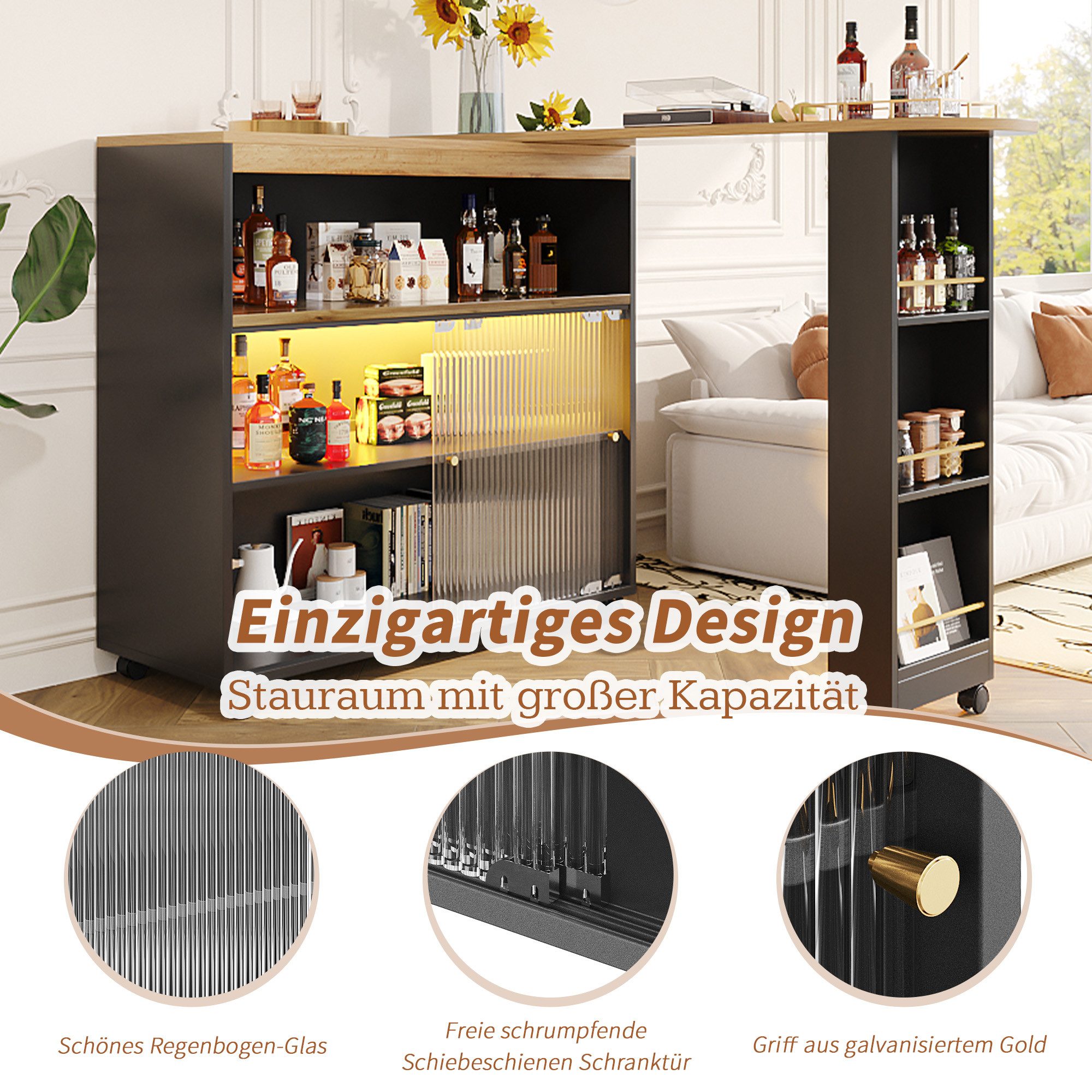 i@home Bartisch Moderner Beweglicher Bar Table, Stehtisch, Bistrotisch, Hochtisch (138-204×39×105cm, Bis 60 kg belastbar), Teleskopischer Bartisch mit LED, 2 Türen, drehbar, Schwaz