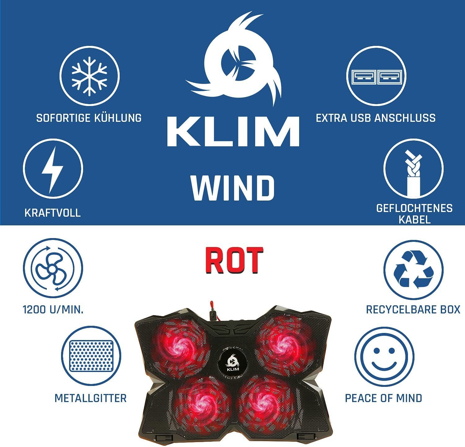 KLIM Notebook-Kühler Wind, Laptop-Kühlpad – schnelle Rot Kühlventilator der leistungsstärkste