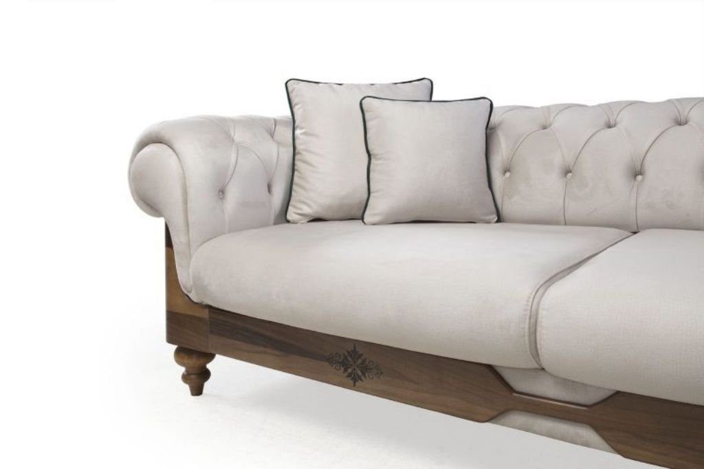 3-Sitzer Couch Teile, Sitzmöbel, 1 JVmoebel Wohnzimmer Chesterfield Made Europa Braun-Weißes in Sofa Designer