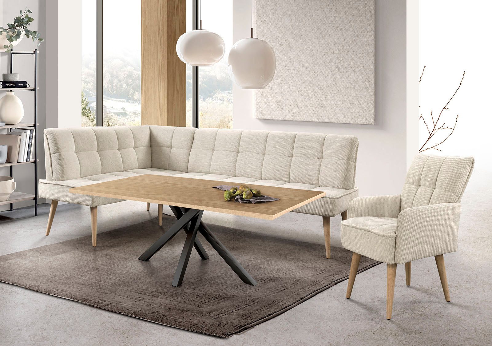 exxpo - sofa fashion Eckbank Latte, moderne Sitz- und Rückensteppung, bequem und elegant, hoher Holzfuß