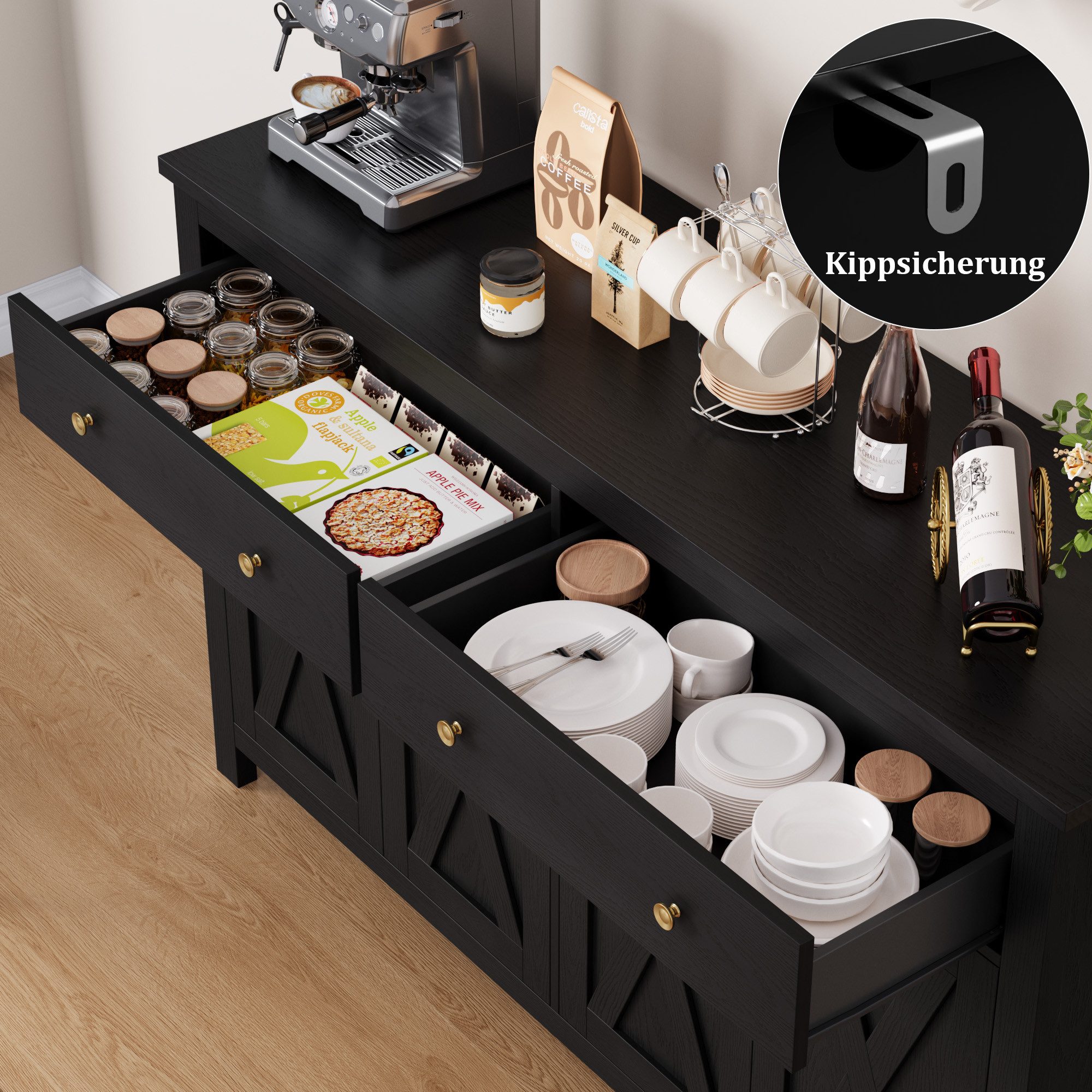 Homfa Sideboard für Küche 140cm Breit, Küchenschrank Buffetschrank 2 Schubladen 4 Türen 140x40x89cm schwarz – Bild 4 von 5