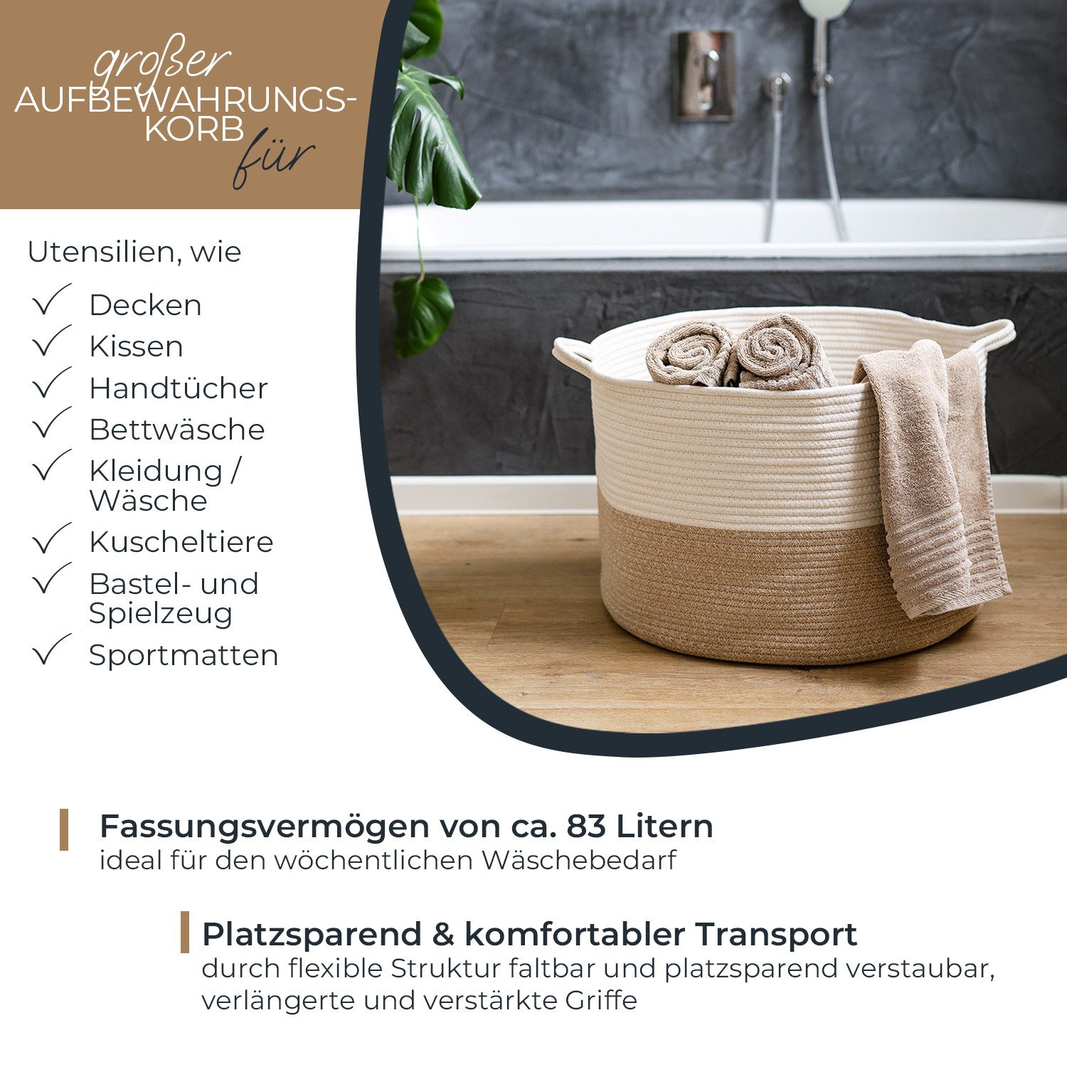 HMF Aufbewahrungskorb XXL Wäschekorb aus Baumwolle, runder Aufbewahrungskorb mit Griffen, 55 x 35 cm, Weiß-Braun