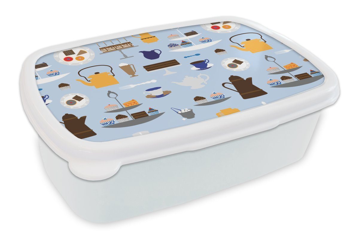 MuchoWow Lunchbox Muster - Törtchen - Teekanne - Tee, Kunststoff, (2-tlg), Brotbox für Kinder und Erwachsene, Brotdose, für Jungs und Mädchen weiß