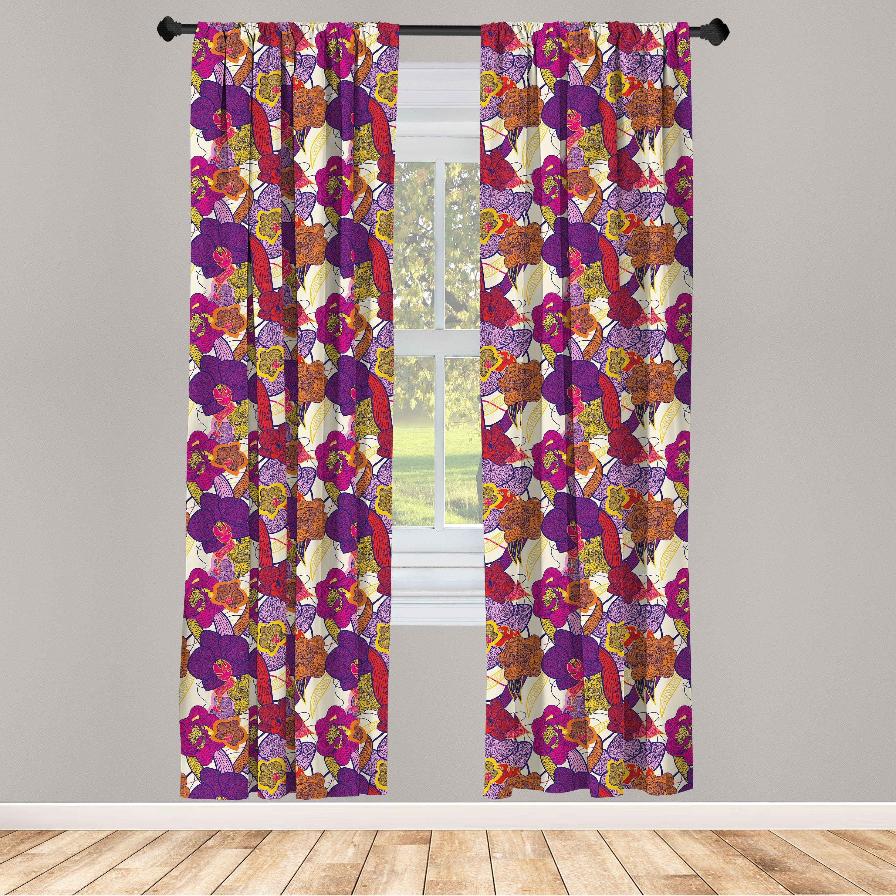 Gardine Vorhang für Wohnzimmer Schlafzimmer Dekor, Abakuhaus, Microfaser, Bunt Vibrant Vintage-Orchidee