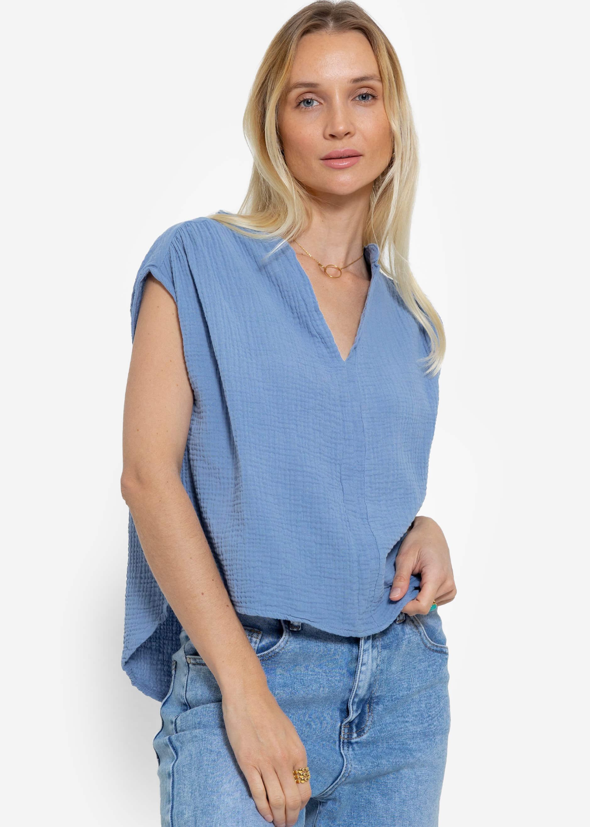 SASSYCLASSY Kurzarmshirt Musselin Shirt für Damen Ärmelloses Shirt aus Baum günstig online kaufen