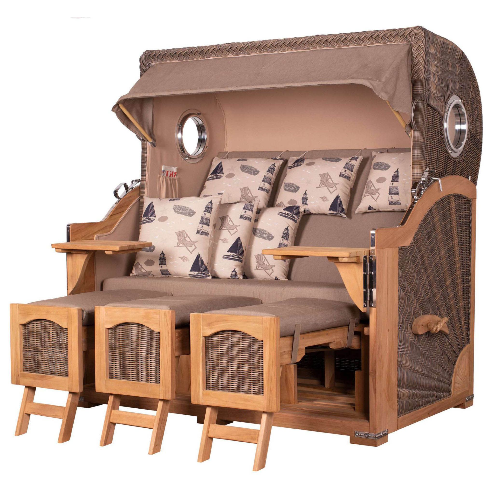 bene living Strandkorb Ammersee Grande XXL 3-Sitzer Teak - PE grau - Modell 540, BxTxH: 170x95x170 cm, Volllieger, Ostsee-Strandkorb, (Strandkorb-Komplettset, 5-tlg., Strandkorb inkl. Liftersystem und umfangreichem Zubehör), mit Windschutzfolie, Bistrotischen und bequemer Polsterung