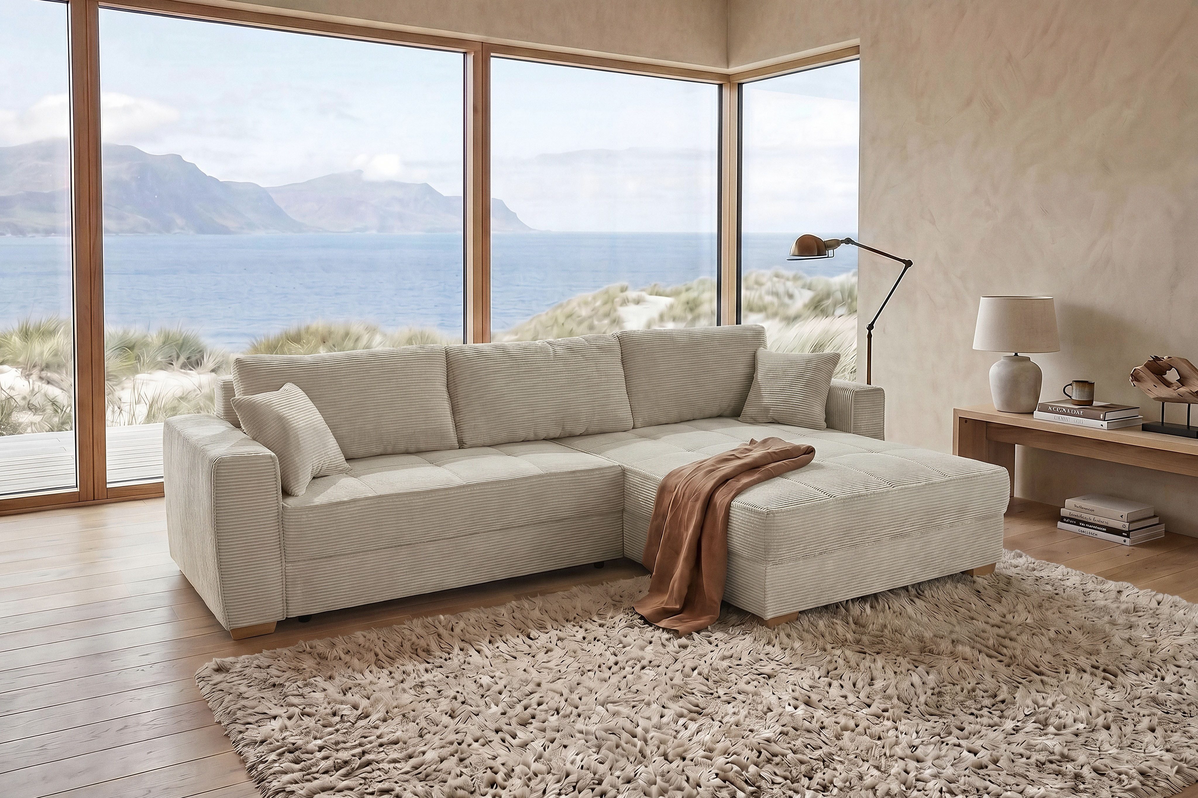 Jockenhöfer Gruppe Ecksofa Bologna, L-Form, Breite: 298 cm, Cord-Bezug, beidseitig montierbar, mit Schlaffunktion, Bettkasten & Zierkissen, XXL-Ottomane