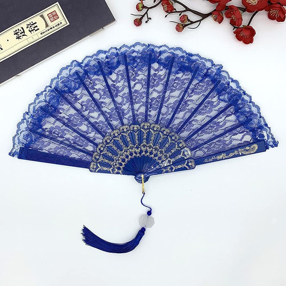 FELIXLEO Handfächer Spitzen Handfächer Vintage Faltfächer Blau für Hochzeit Party Sommer
