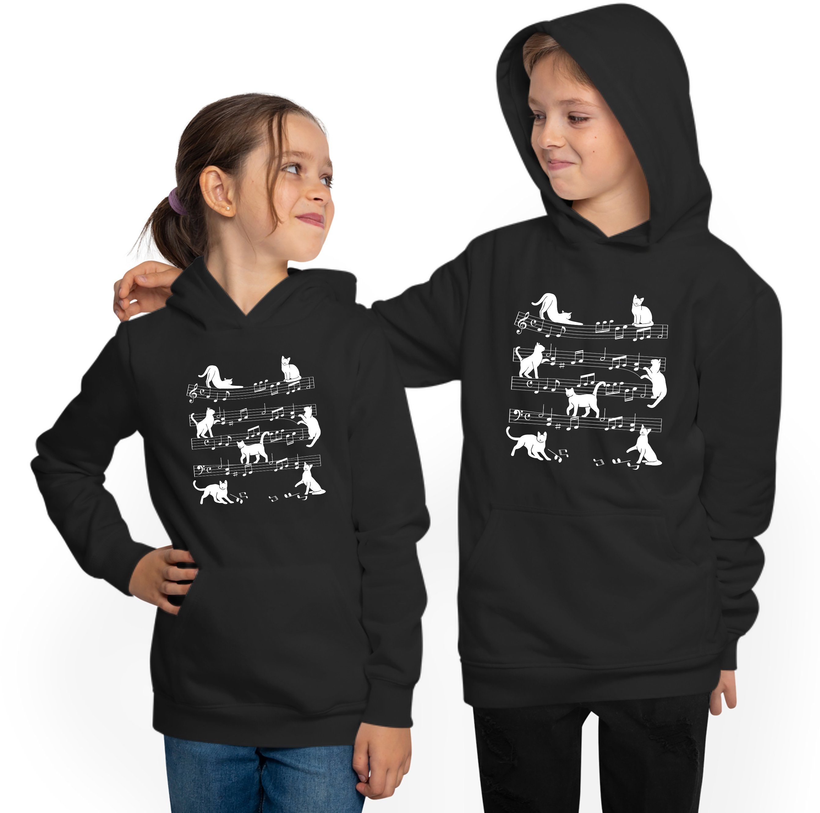 MyDesign24 Hoodie Sweatshirt Aufdruck, Musik Hoodie i116 Kapuzensweater Noten mit Kinder Kapuzen Katzen - mit