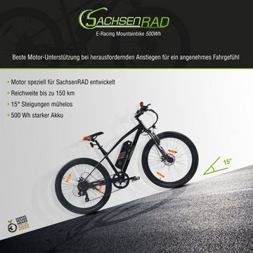 SachsenRAD E-Bike E-Bike R6 27,5 Zoll E-Mountainbikeca.150 KM Reichweite Schwarz-Orange, 7 Gang Shimano Tourney TX 7 Schaltwerk, Kettenschaltung, Hinterradmotor, (1 Stück), LCD-Display,LED-Front- und Rücklicht, StVZO konform