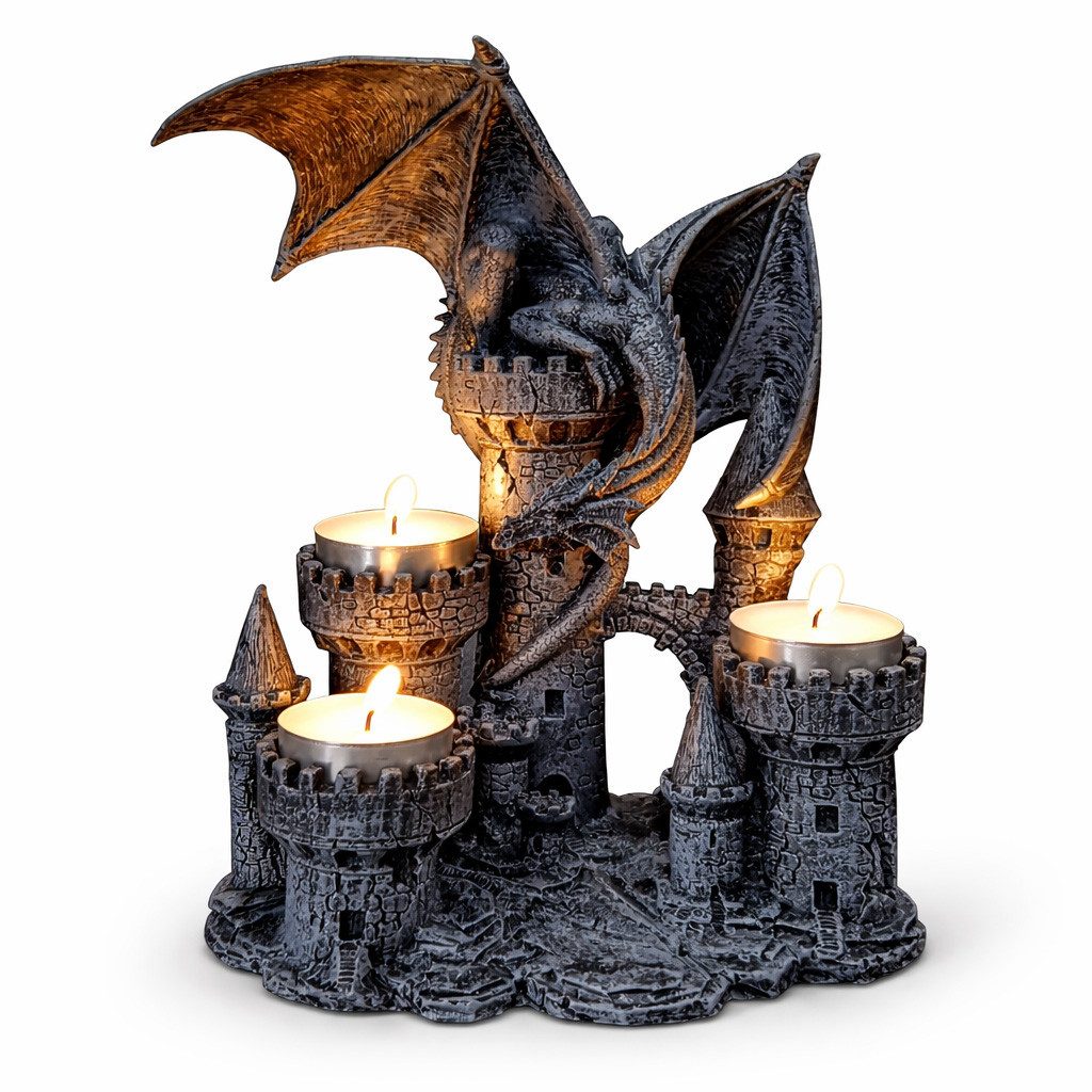 Vogler Teelichthalter mit Tablett Drachen Kerzenhalter aus Polyresin Drachenfigur für Teelichter