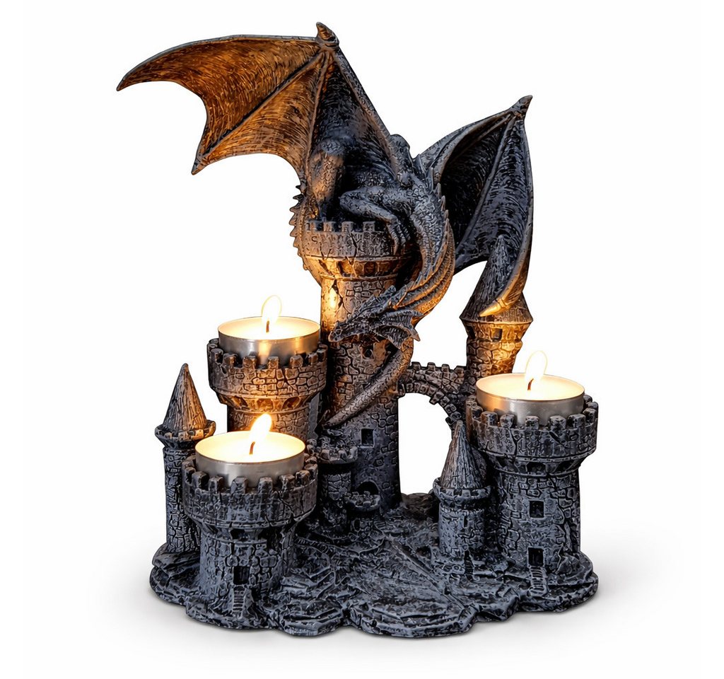 Vogler Teelichthalter mit Tablett Drachen Kerzenhalter aus Polyresin Drachenfigur für Teelichter