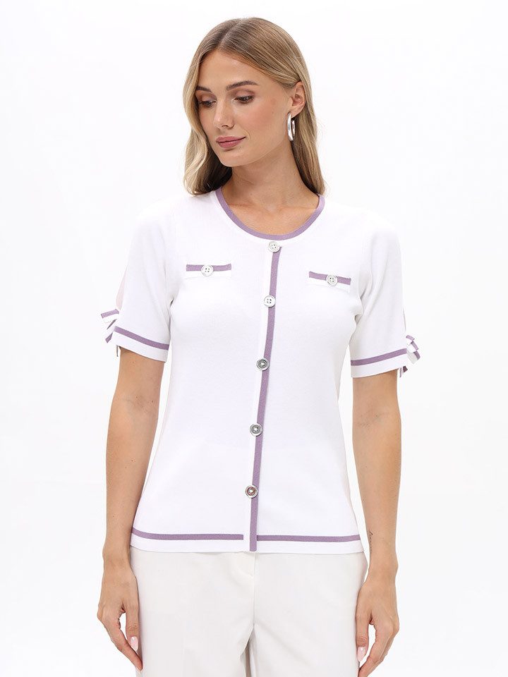 Passioni Kurzarmshirt mit Cut-Outs und Schleifendetails Strickshirt in Weiß- und Flieder mit Schleifen – Bild 4 von 4