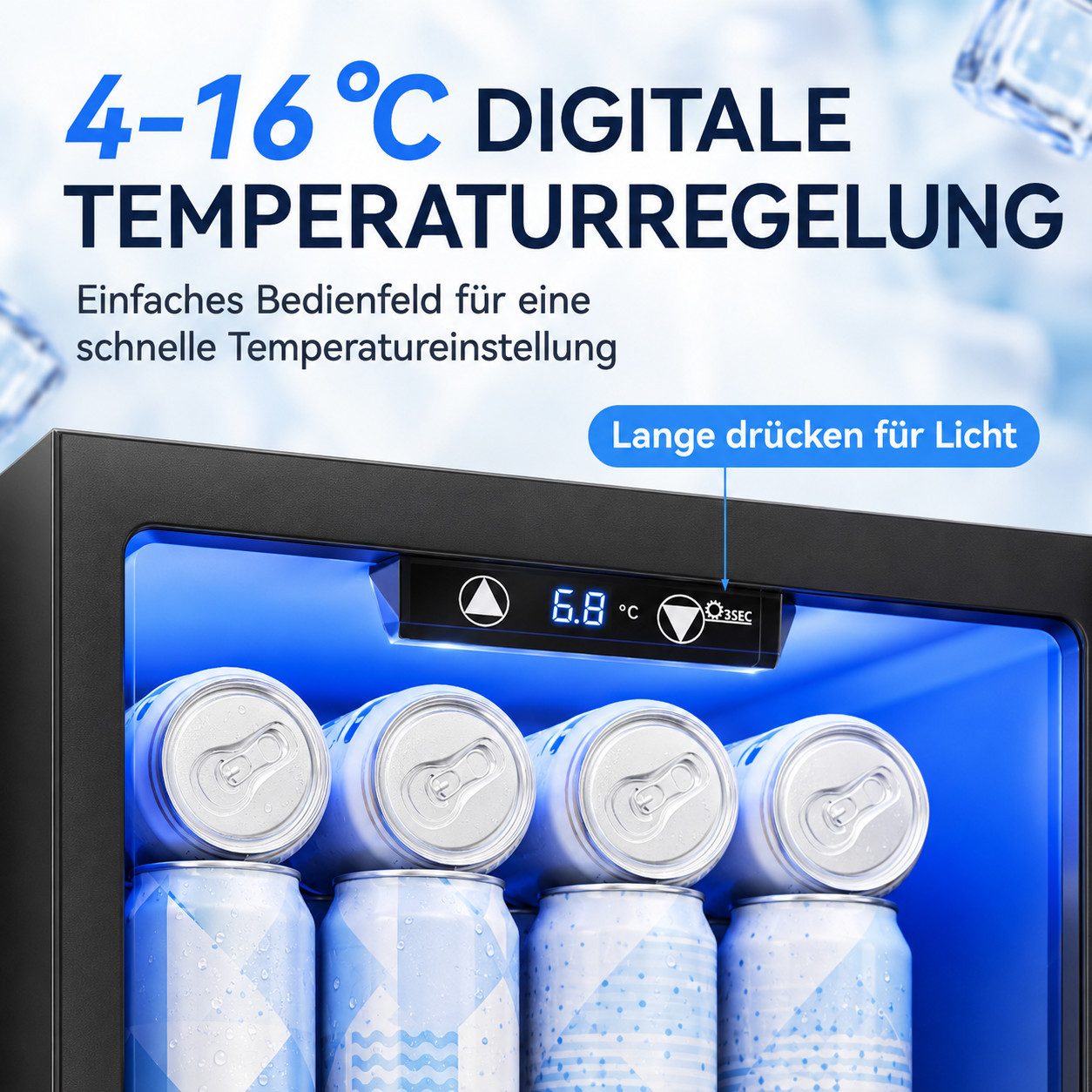 Furnicopia Getränkekühlschrank leise, 24 Dosen, verstellbares Regal, Digital-Display, Energieklasse E JC-18UEL-F, Kompressor, Doppelglas, LED, wenig Reif