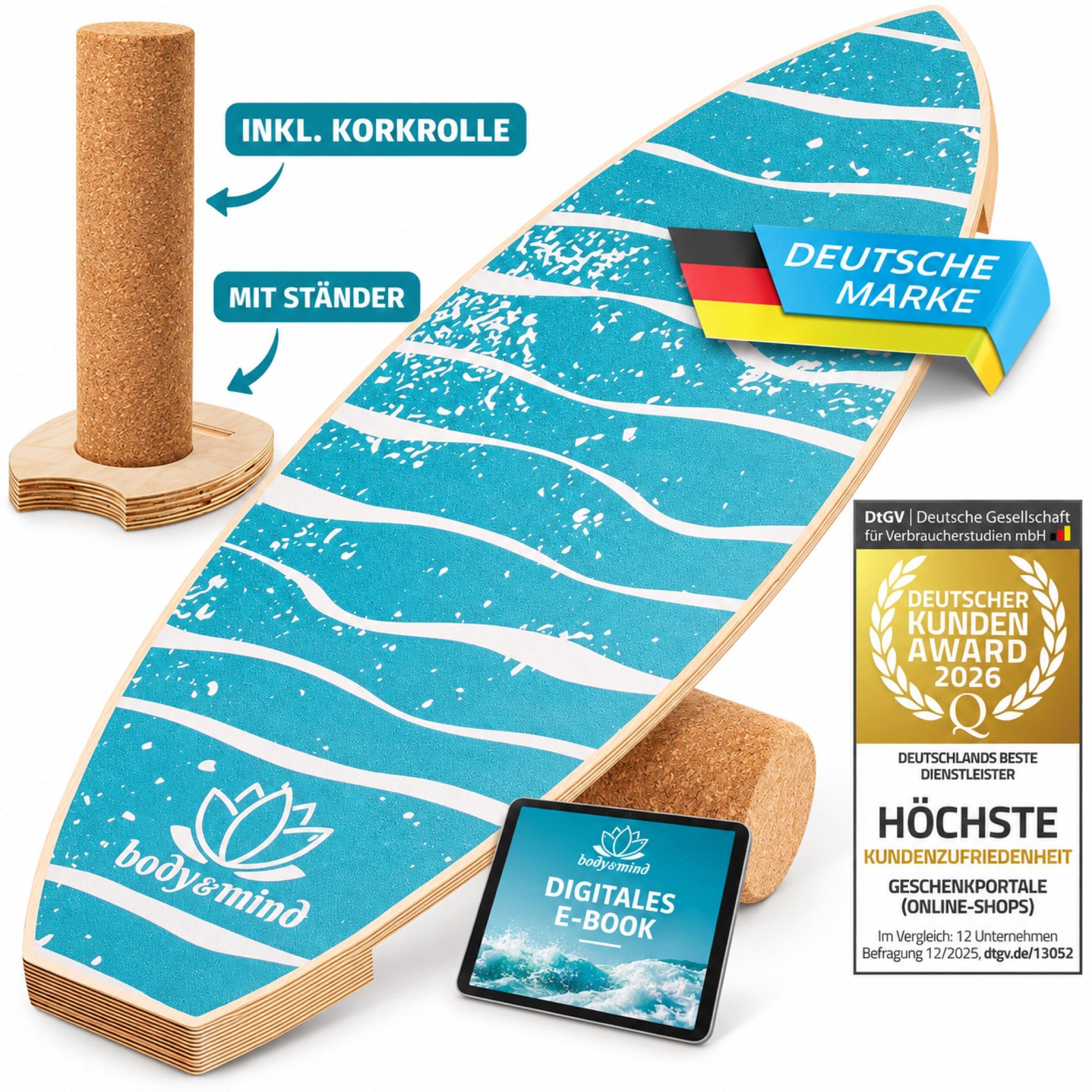 Body & Mind Balanceboard Surf Balance Board – Holz Wackelbrett mit Korkrolle + Ständer & E‑Book, Trainiert Gleichgewicht & Koordination