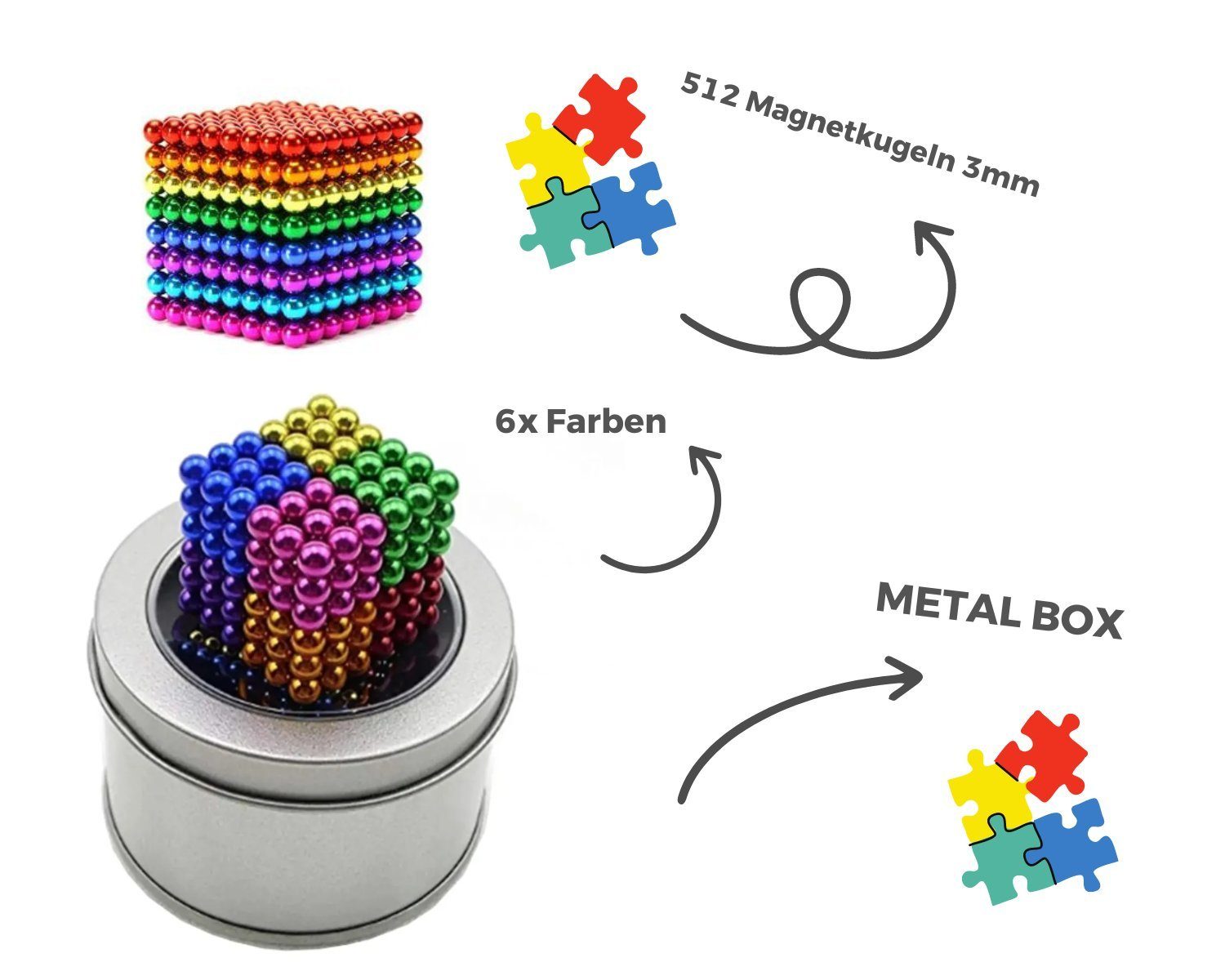 powertechnik-Germany Magnet 512 Stk 5mm Magnetkugeln Magnetische Kugeln Blöcke Bunt+1x METAL BOX