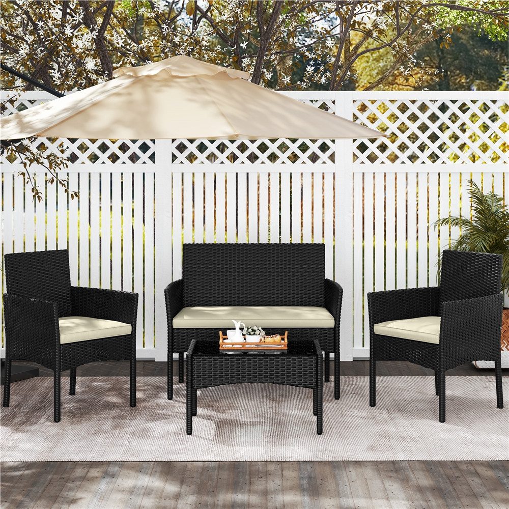 Yaheetech Balkonset Gartenmöbel-Set 4-er Set Rattanmöbel für 4 Personen, Gartengarnitur aus Zweisitzer-Sofa & 2 Einzelsofas & Kaffeetisch
