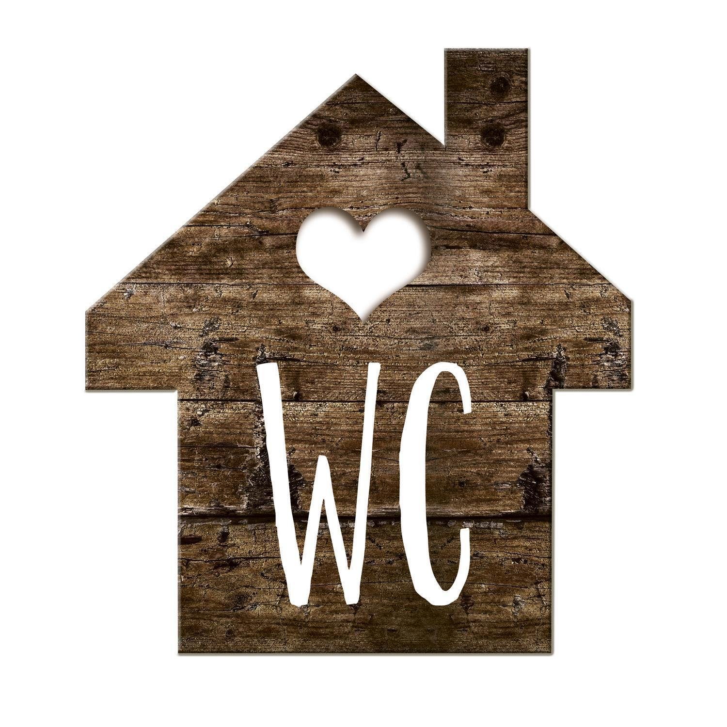 Wanddekoobjekt WC-Schild Häuschen in Holz-Optik, Alu Dibond